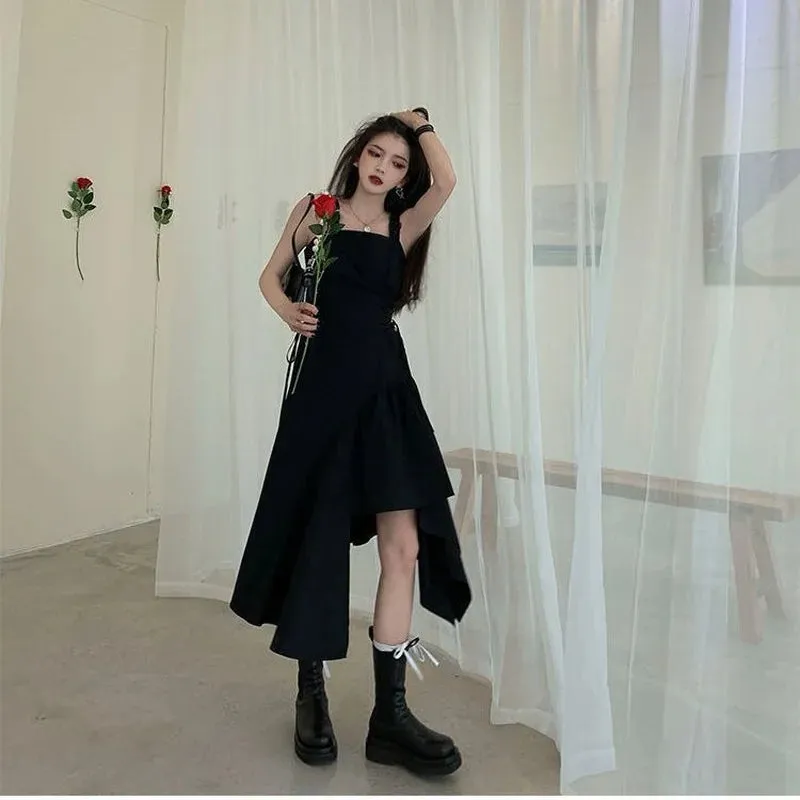 Harajuku Black Slip Dress Korean Style Streetwear Women Summer Sundress Goth Gothic Punk Midi Dress Bandage Party