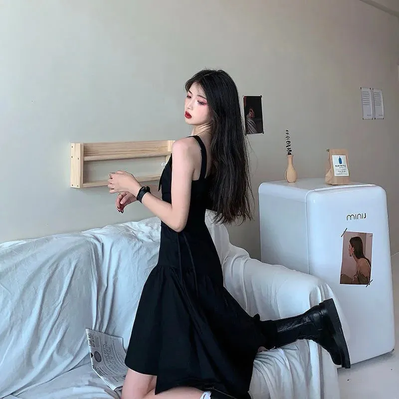 Harajuku Black Slip Dress Korean Style Streetwear Women Summer Sundress Goth Gothic Punk Midi Dress Bandage Party