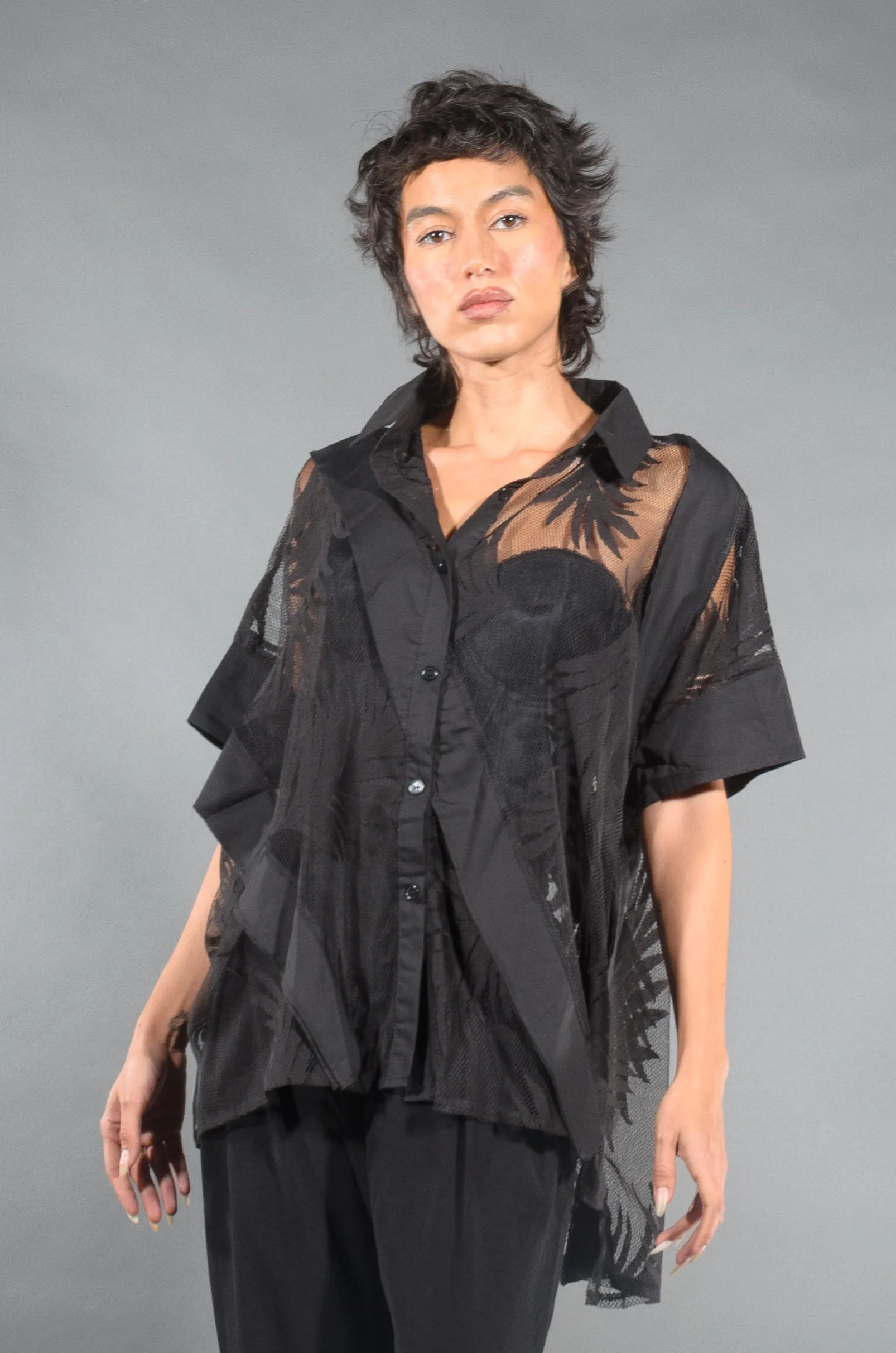 Hayato Sweet Leaf Sheer Tropical Blouse in Black | Marigold Shadows