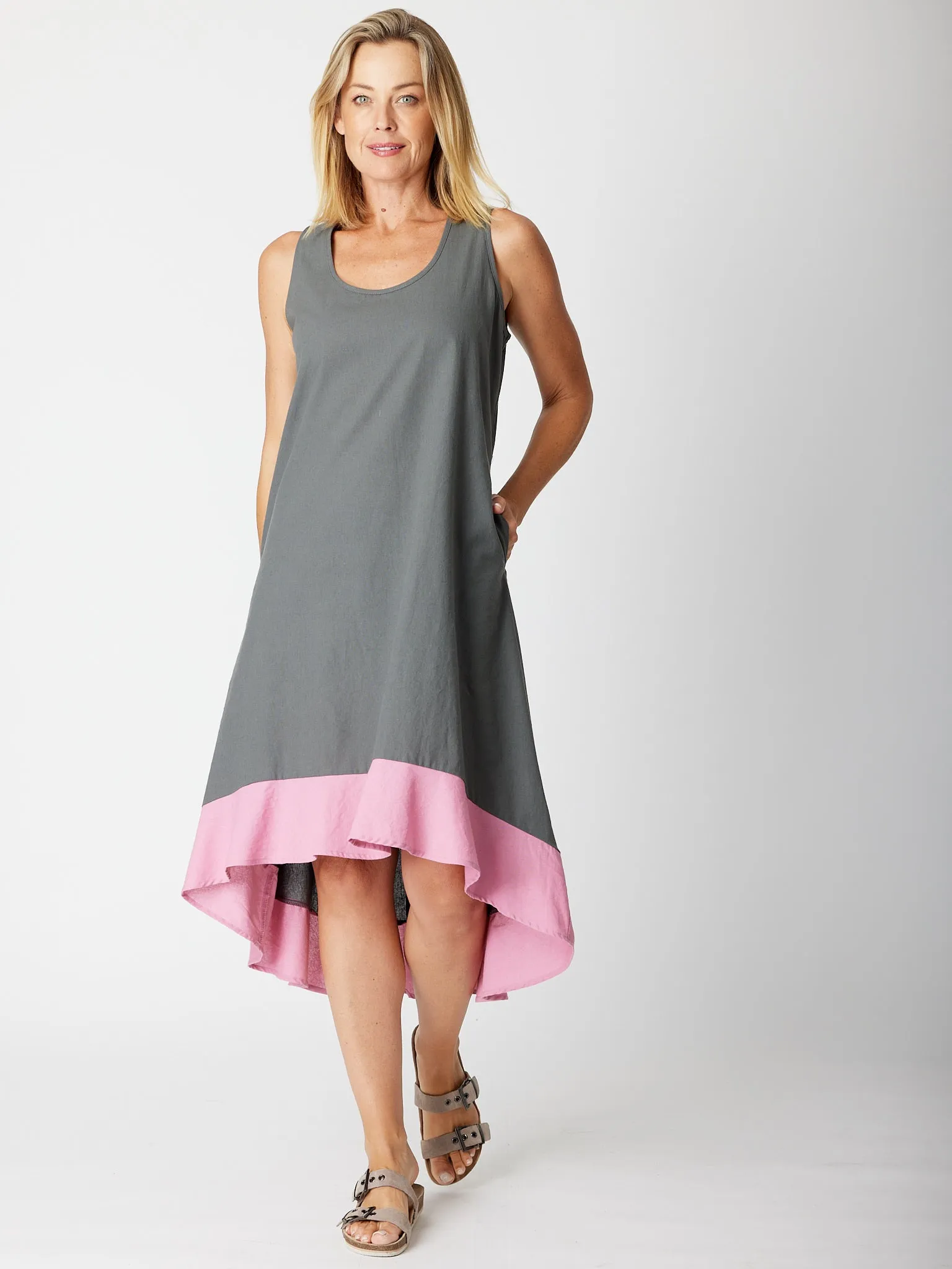 Ho Chi Sleevless Dress -Steel/Pink