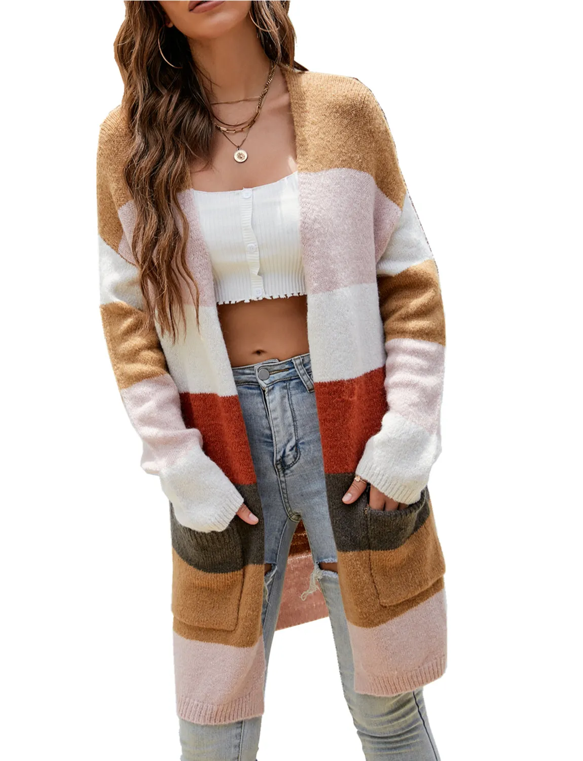 iB-iP Women's Cardigan Sweater Loose Oversized Casual Long Sleeve Striped Top