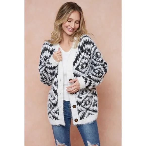 Ivory & Black Fuzzy Soft Eyelash Aztec Tribal Button Up Knit Cardigan Sweater