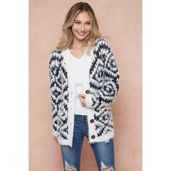 Ivory & Black Fuzzy Soft Eyelash Aztec Tribal Button Up Knit Cardigan Sweater