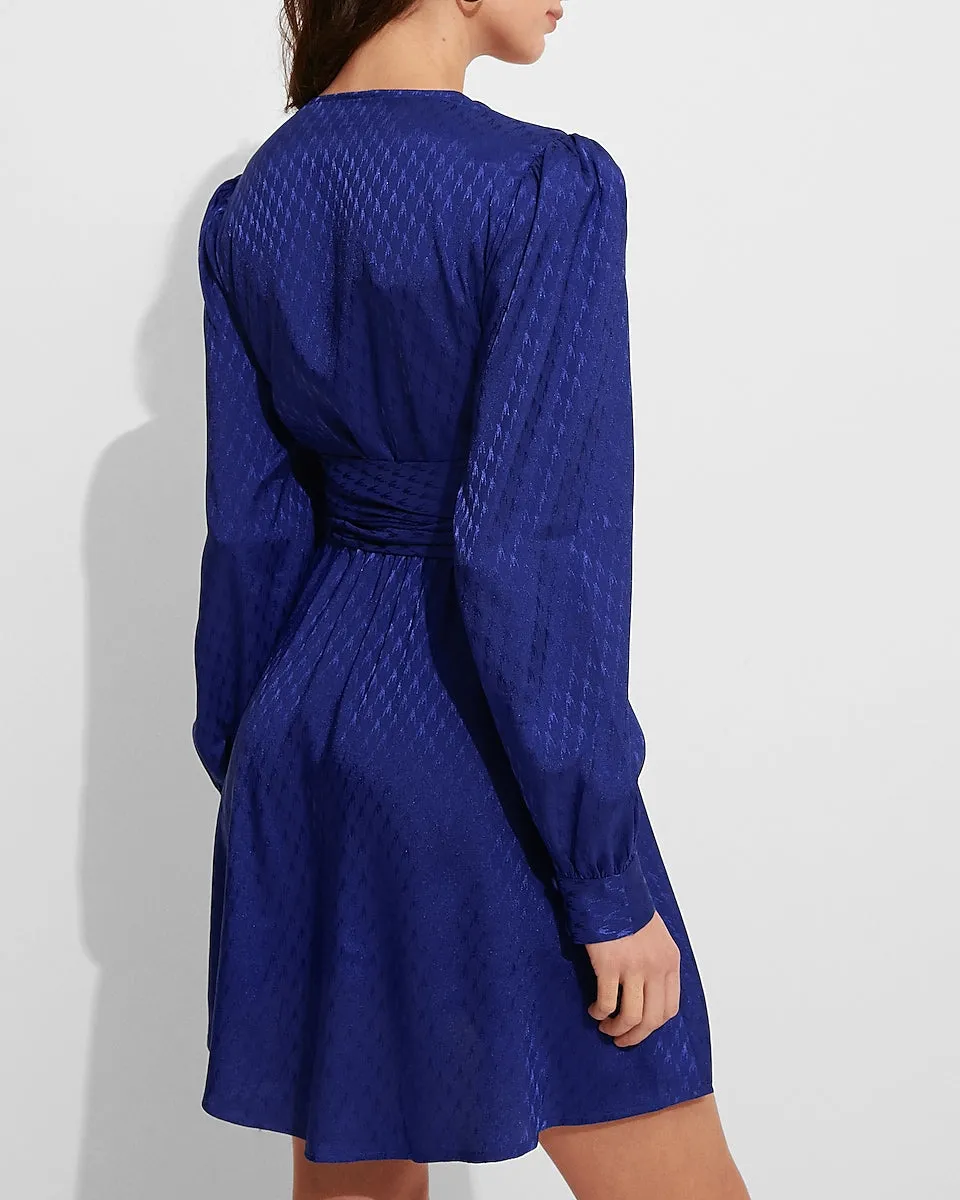 Jacquard Satin Tie Waist Long Sleeve Mini Dress in Summer Blue