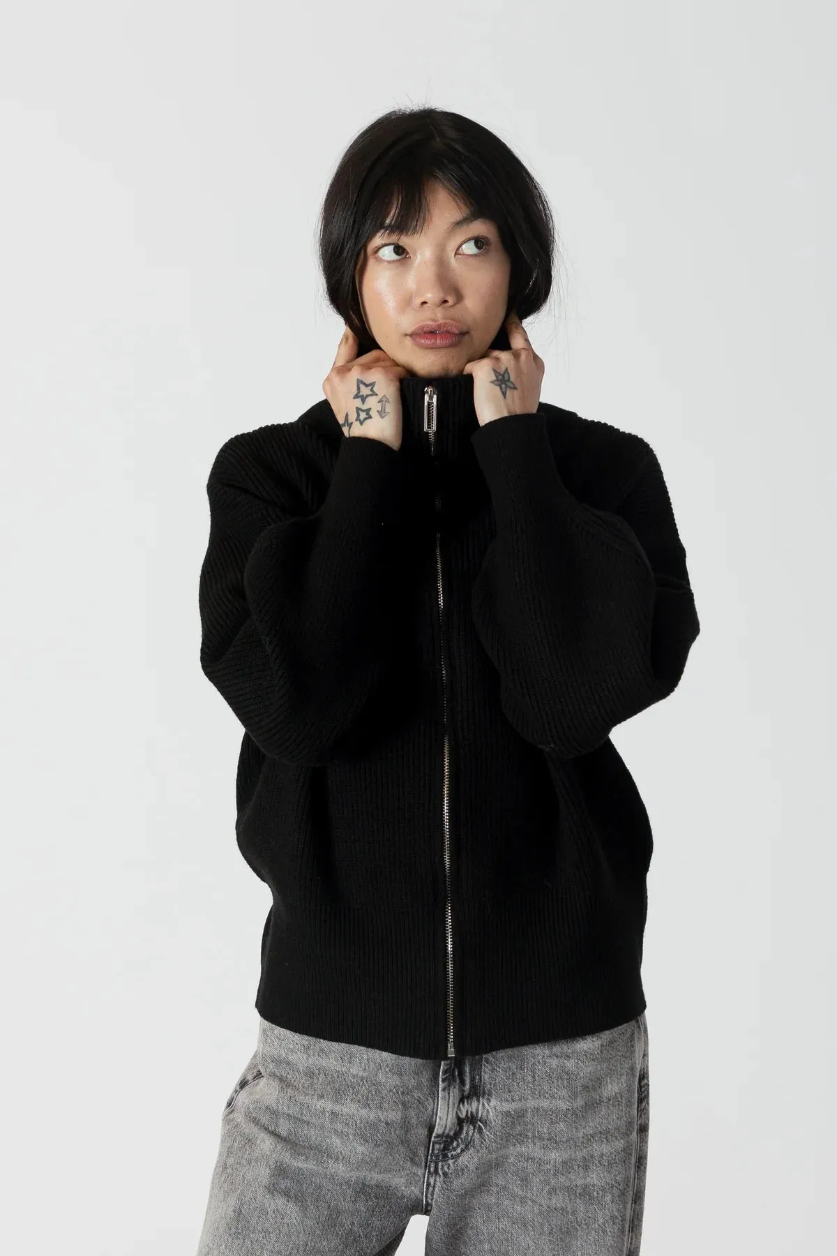 JAMES ZIP-UP CARDIGAN W/COLLAR | BLACK