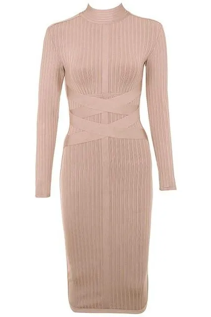 Jane Long Sleeve Bodycon Midi Dress - Nude