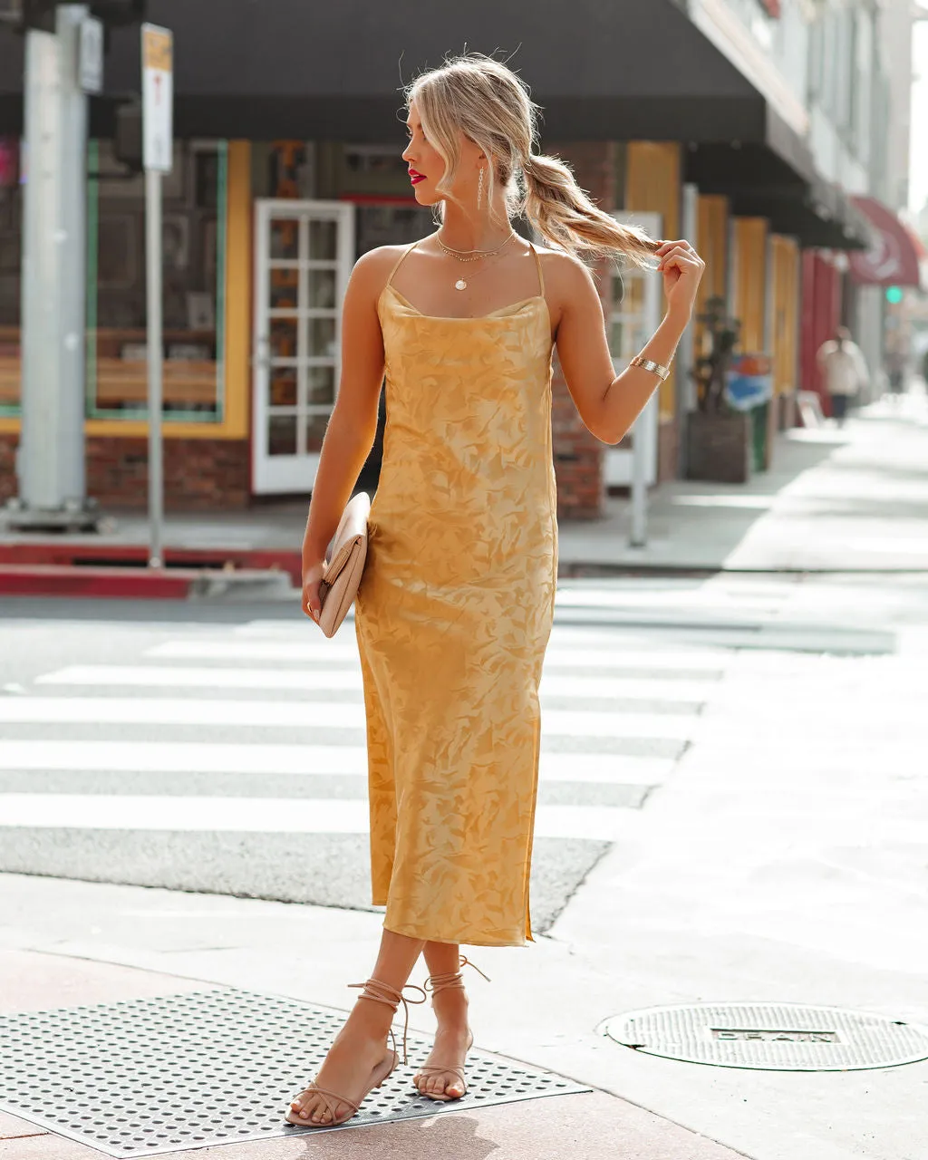 Janene Satin Cowl Neck Midi Dress - Golden Yellow - FINAL SALE