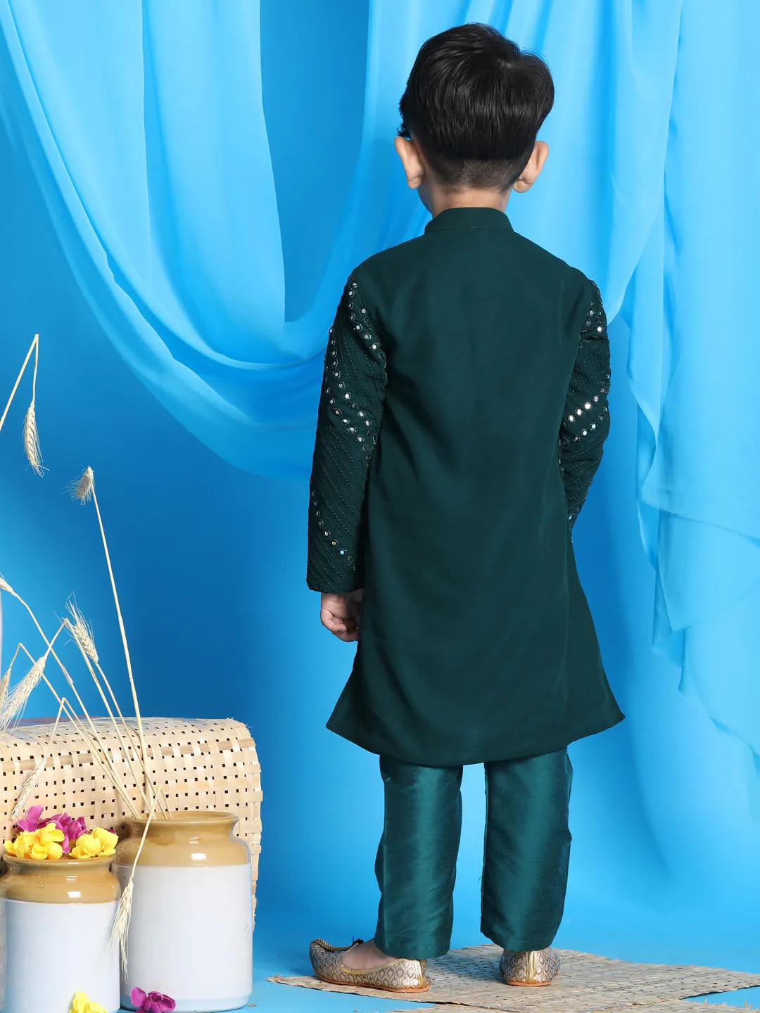 Jashvi Baap Beta Mirror Green Kurta Pyjama Set