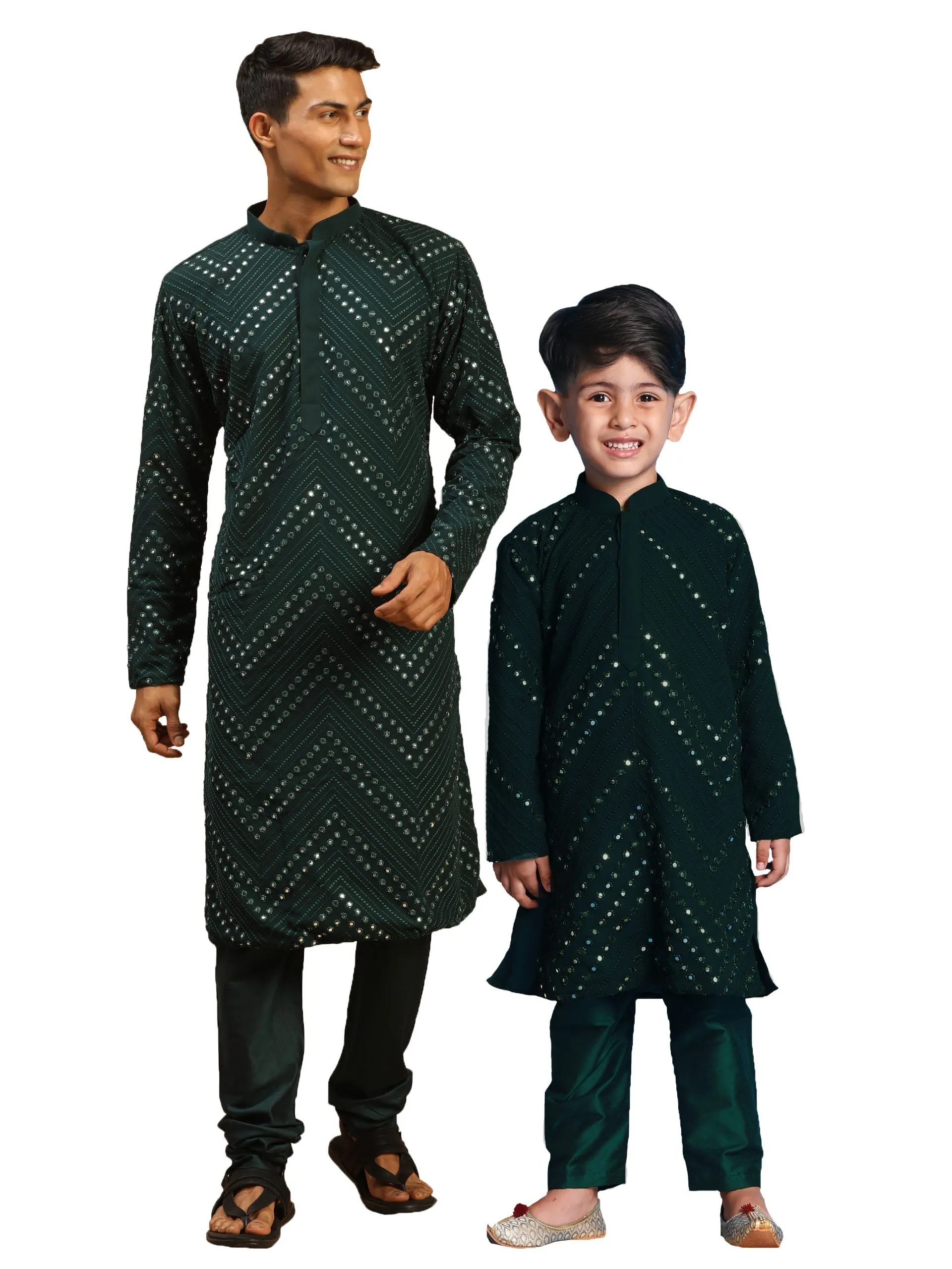 Jashvi Baap Beta Mirror Green Kurta Pyjama Set