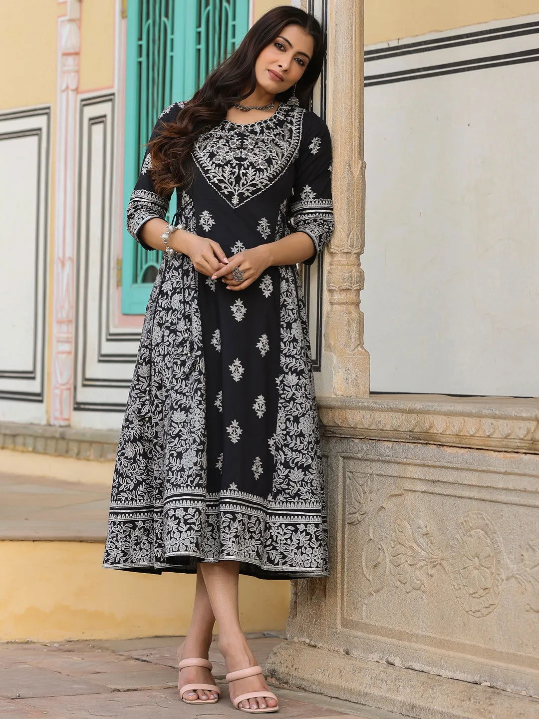 Jashvi  Black & White Ethnic Motif Printed Pure Cotton Flared Maxi Dress With Beads & Sequins