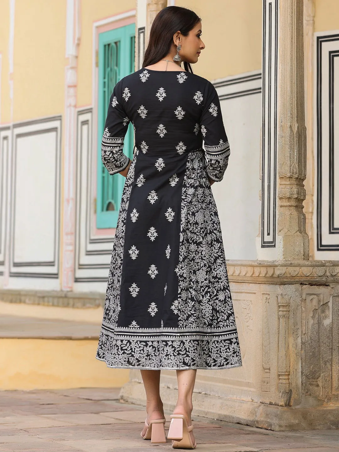 Jashvi  Black & White Ethnic Motif Printed Pure Cotton Flared Maxi Dress With Beads & Sequins