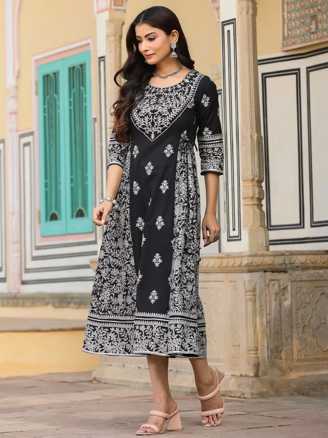 Jashvi  Black & White Ethnic Motif Printed Pure Cotton Flared Maxi Dress With Beads & Sequins