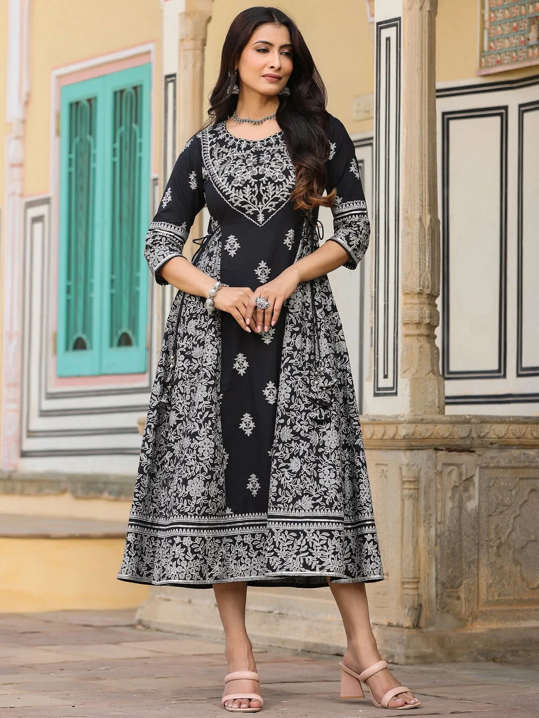 Jashvi  Black & White Ethnic Motif Printed Pure Cotton Flared Maxi Dress With Beads & Sequins