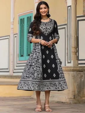 Jashvi  Black & White Ethnic Motif Printed Pure Cotton Flared Maxi Dress With Beads & Sequins