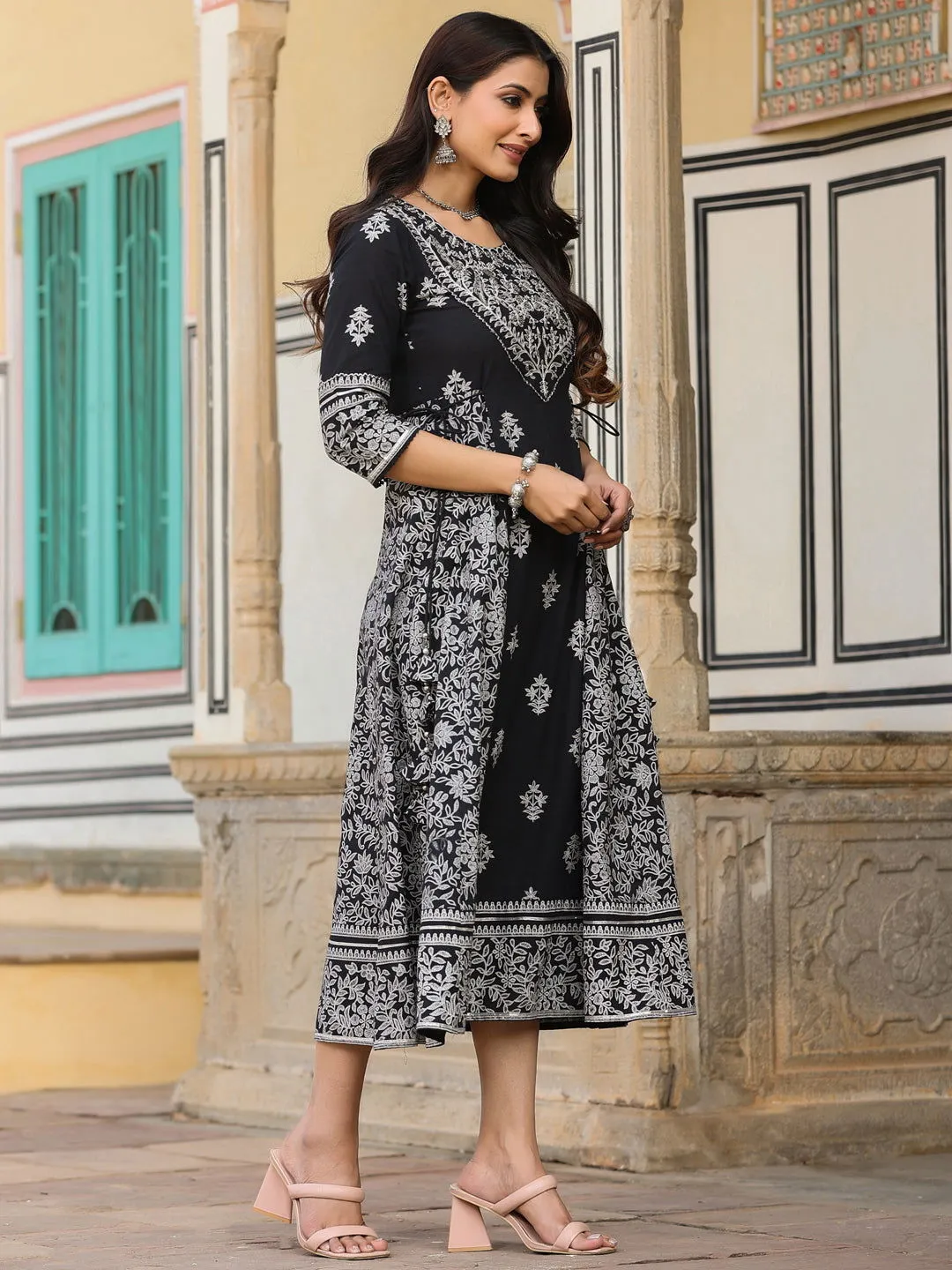 Jashvi  Black & White Ethnic Motif Printed Pure Cotton Flared Maxi Dress With Beads & Sequins