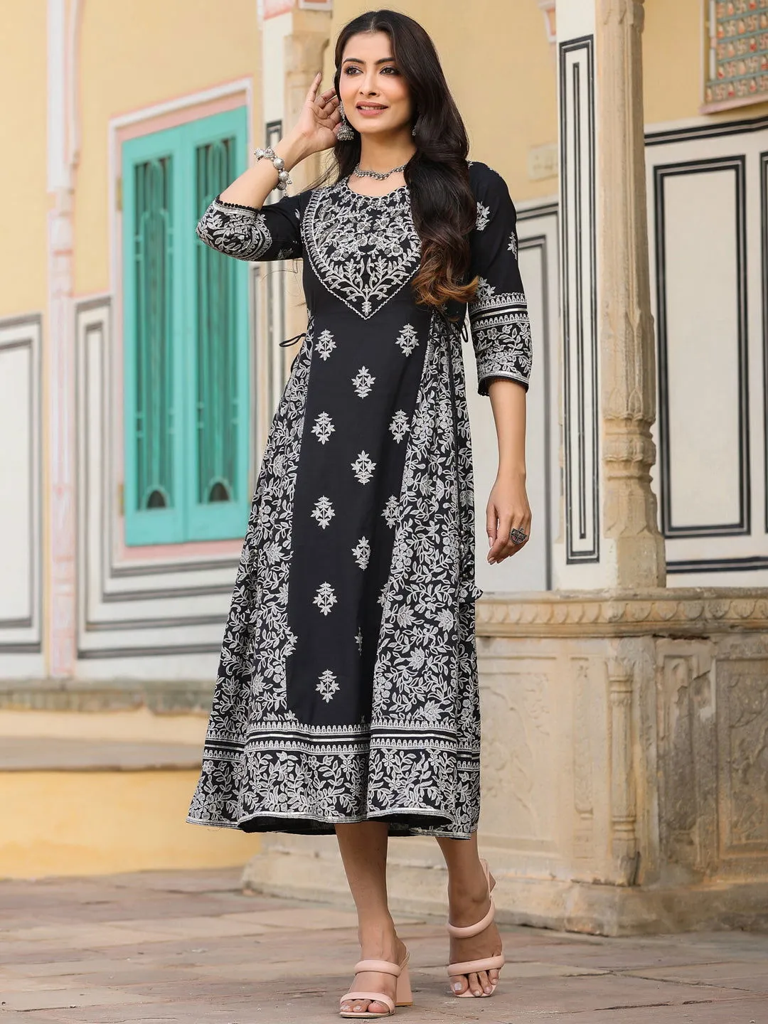 Jashvi  Black & White Ethnic Motif Printed Pure Cotton Flared Maxi Dress With Beads & Sequins