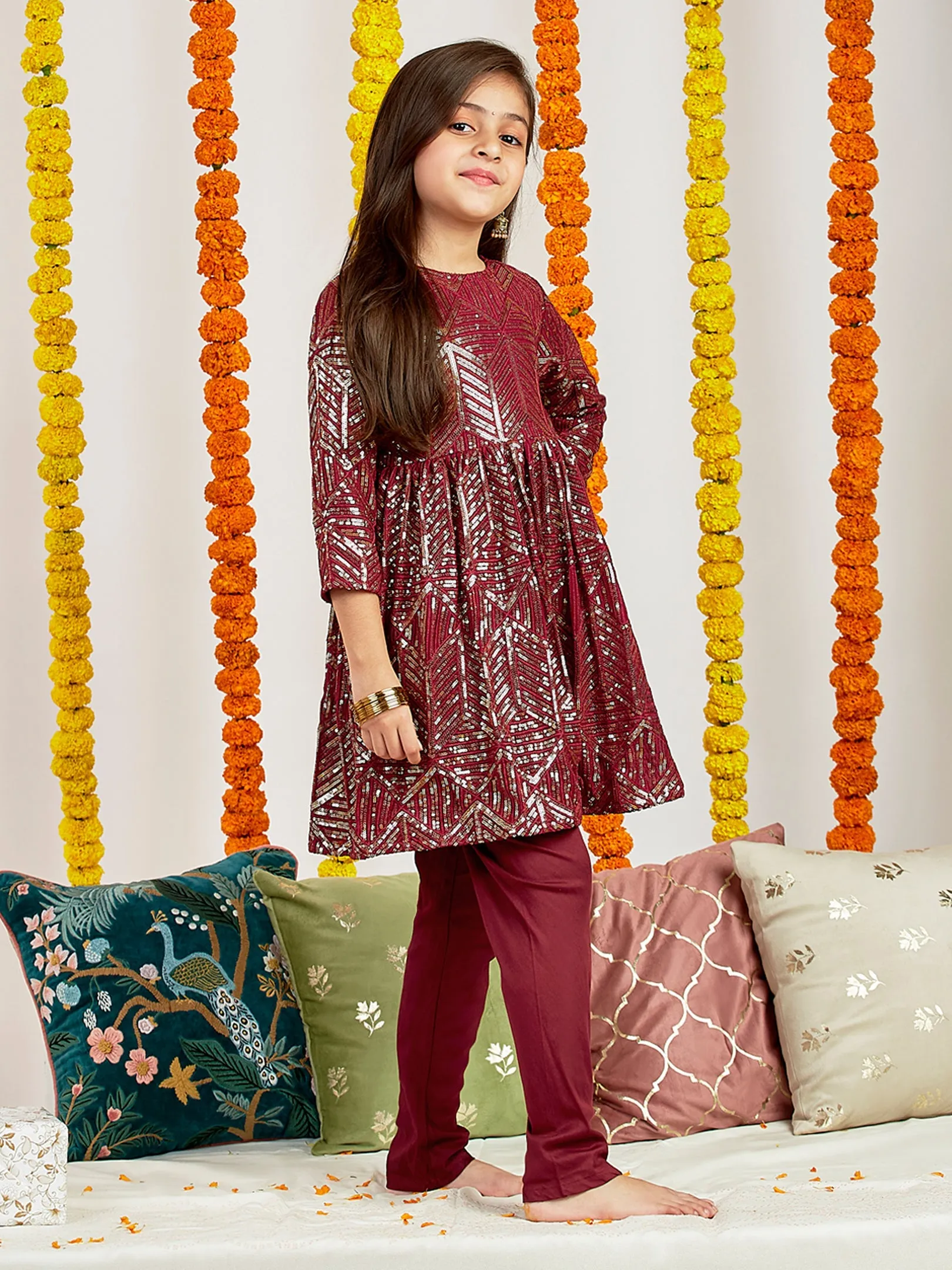 Jashvi Girls' Maroon Embellished Kurta Pyjama Set