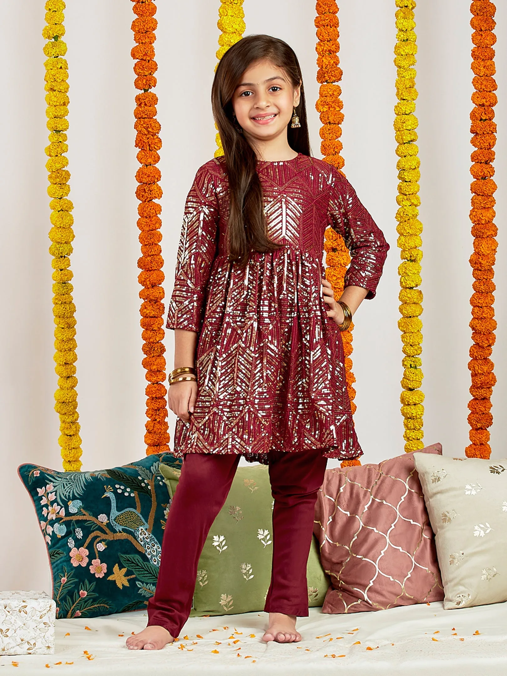 Jashvi Girls' Maroon Embellished Kurta Pyjama Set