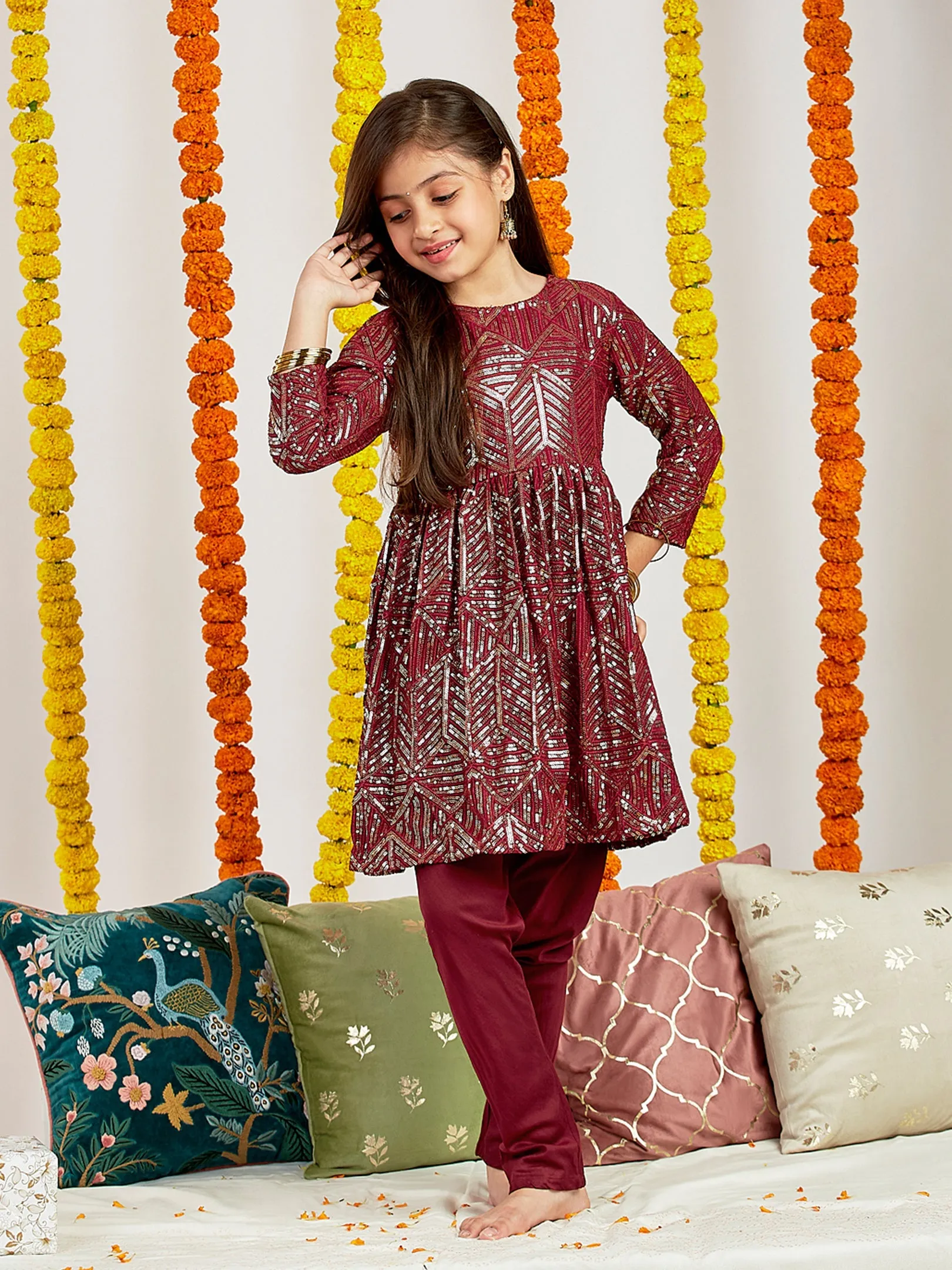 Jashvi Girls' Maroon Embellished Kurta Pyjama Set