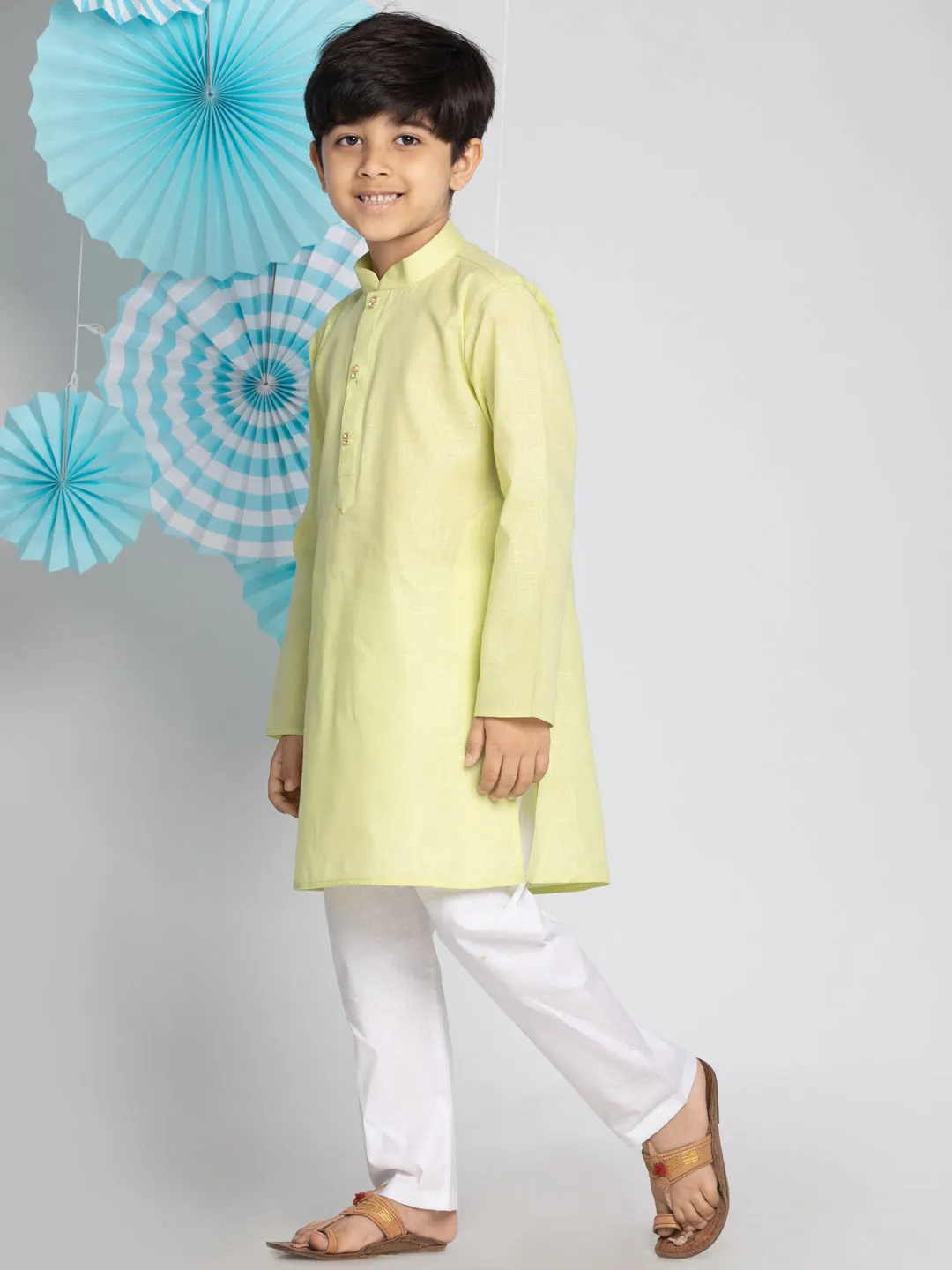 Jashvi Green And White Baap Beta Kurta And Pyjama Set