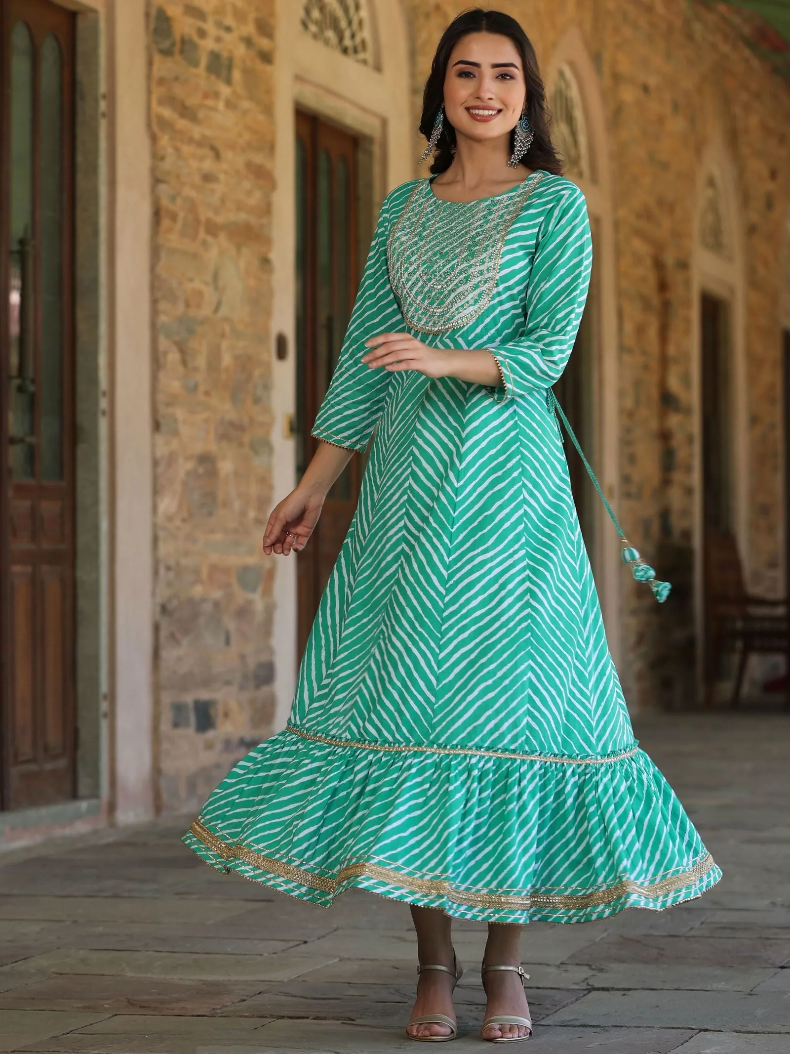 Jashvi Green Cotton Leheriya Printed Anarkali Dress With Embroidered Yoke & Dori Tie-Up At Waist