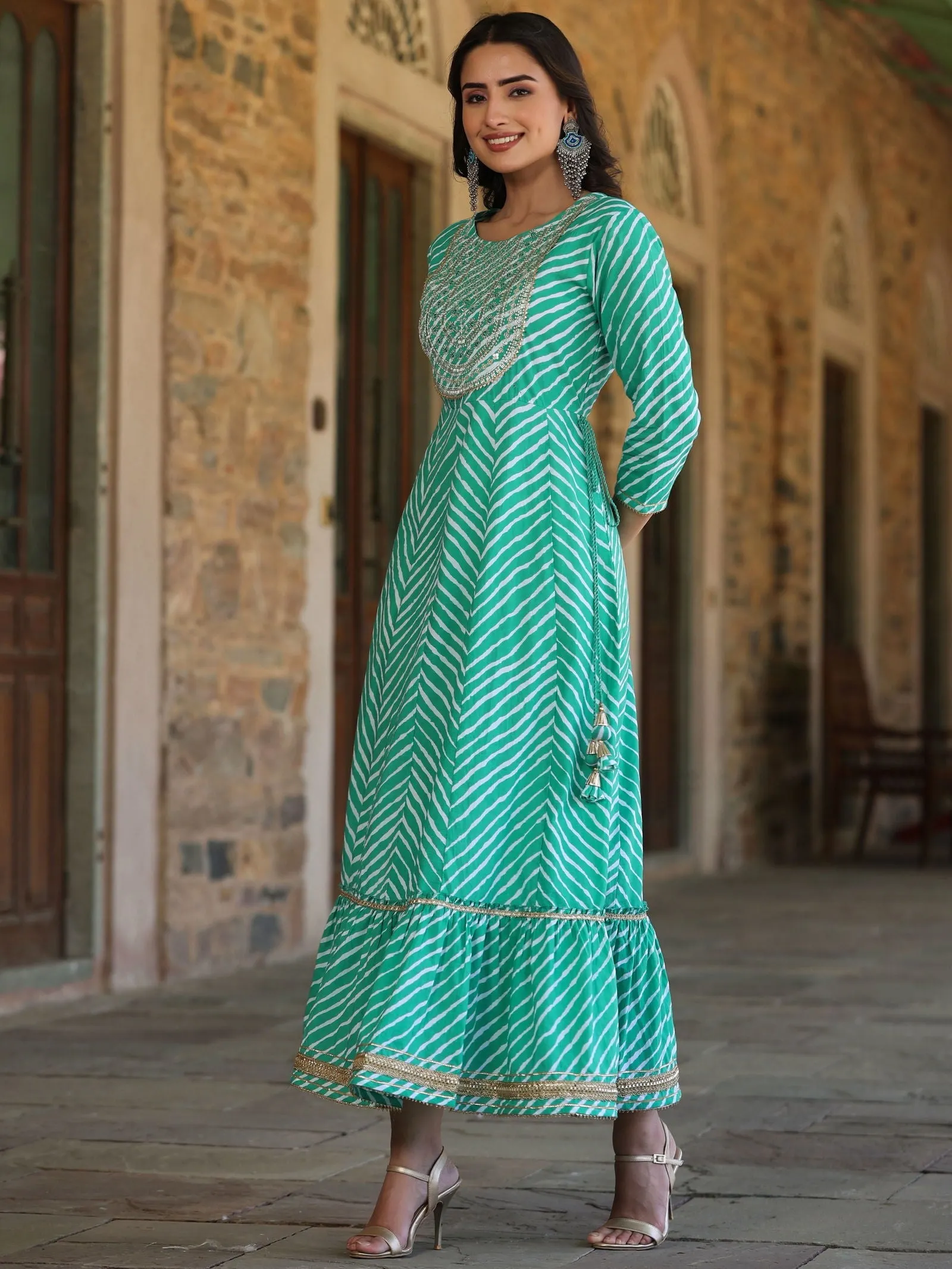 Jashvi Green Cotton Leheriya Printed Anarkali Dress With Embroidered Yoke & Dori Tie-Up At Waist