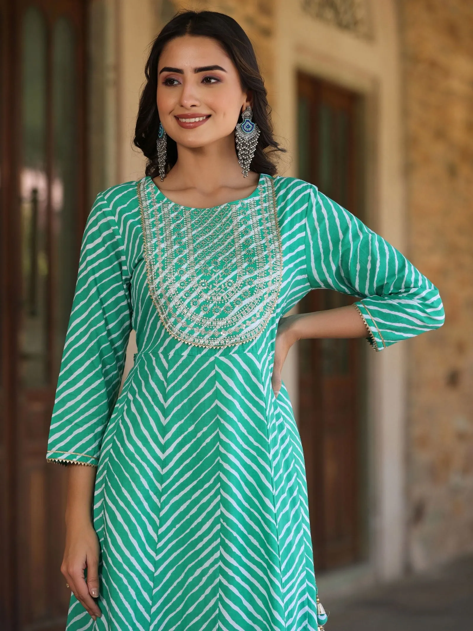 Jashvi Green Cotton Leheriya Printed Anarkali Dress With Embroidered Yoke & Dori Tie-Up At Waist