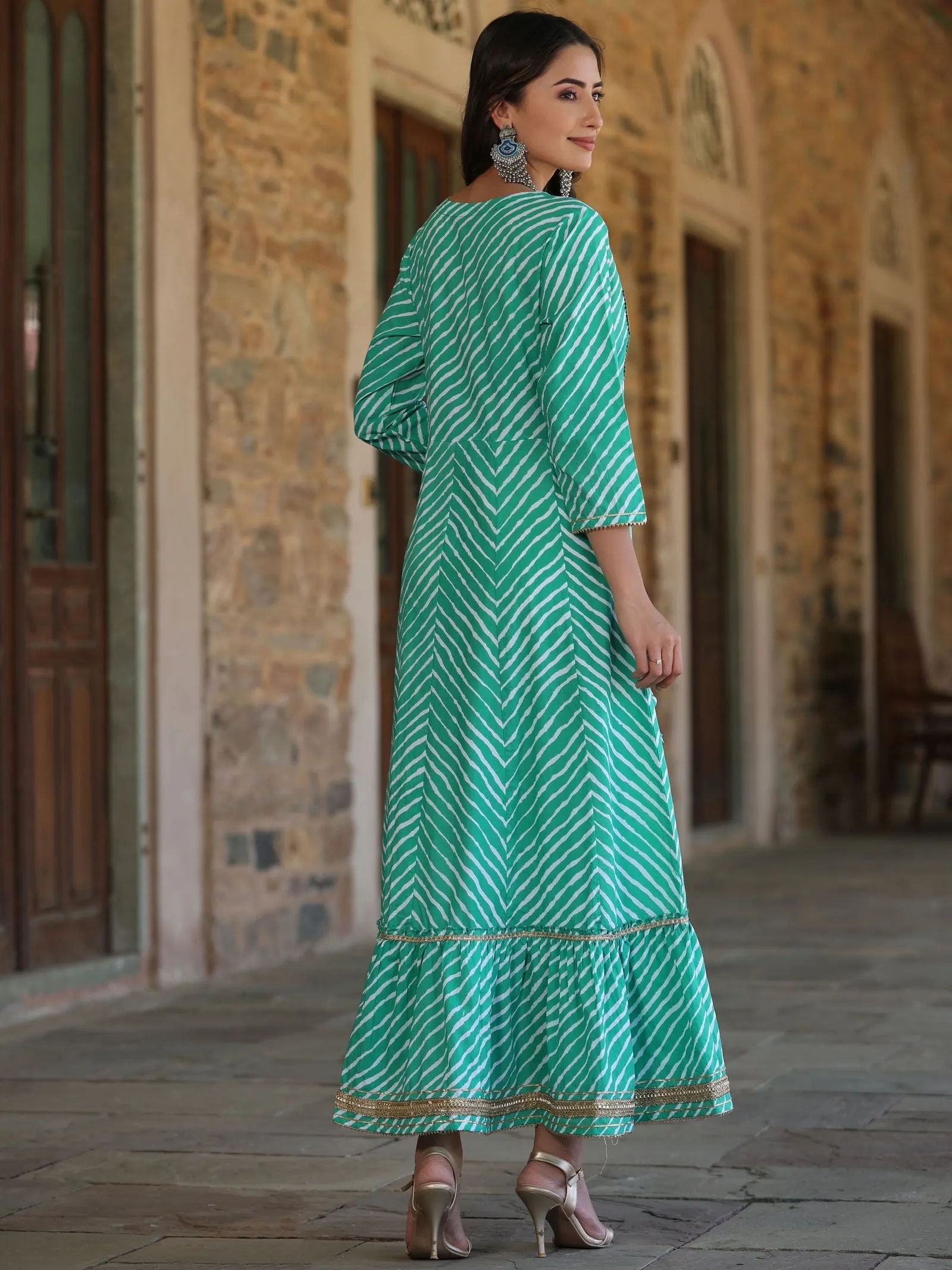 Jashvi Green Cotton Leheriya Printed Anarkali Dress With Embroidered Yoke & Dori Tie-Up At Waist