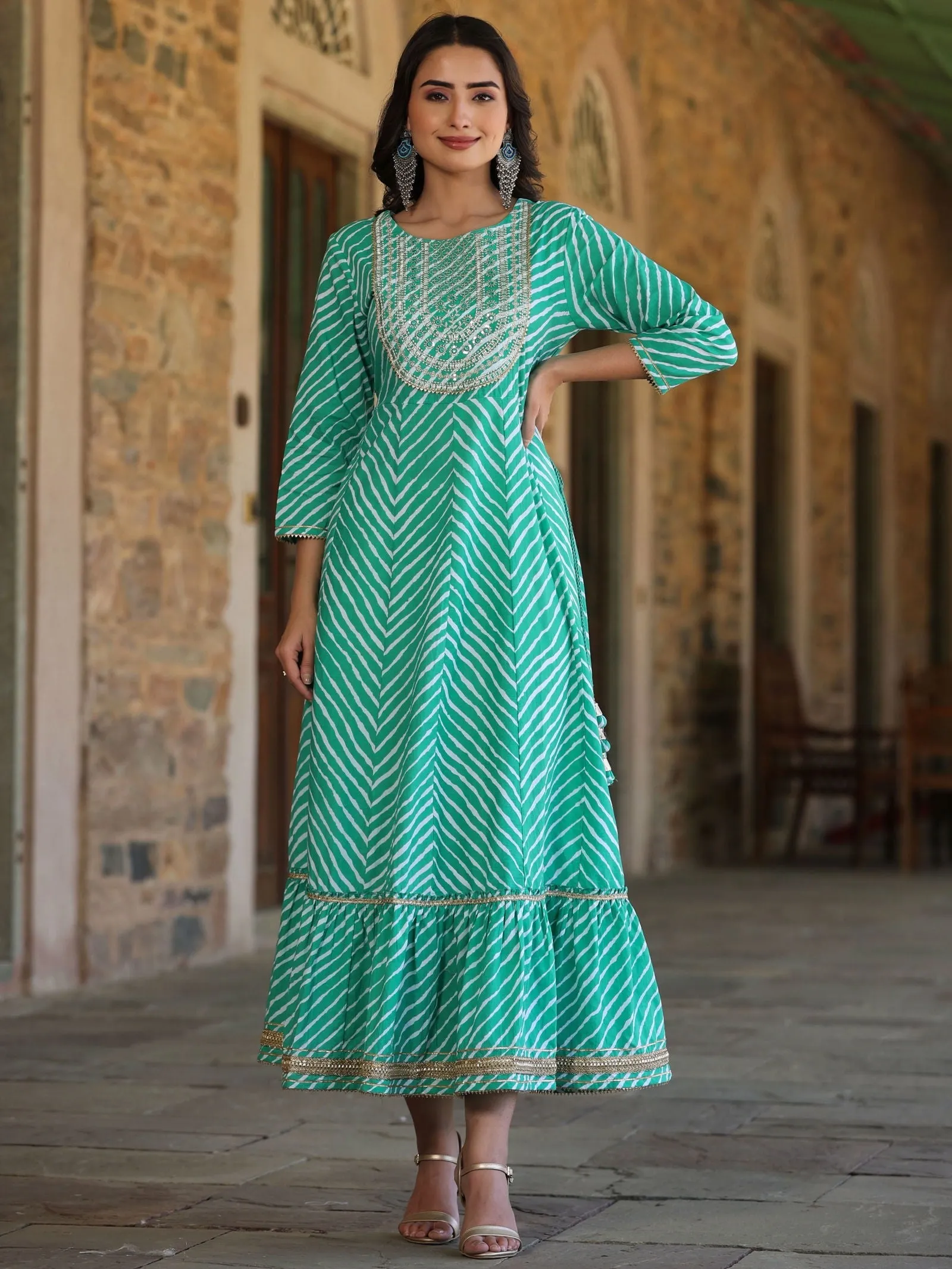 Jashvi Green Cotton Leheriya Printed Anarkali Dress With Embroidered Yoke & Dori Tie-Up At Waist