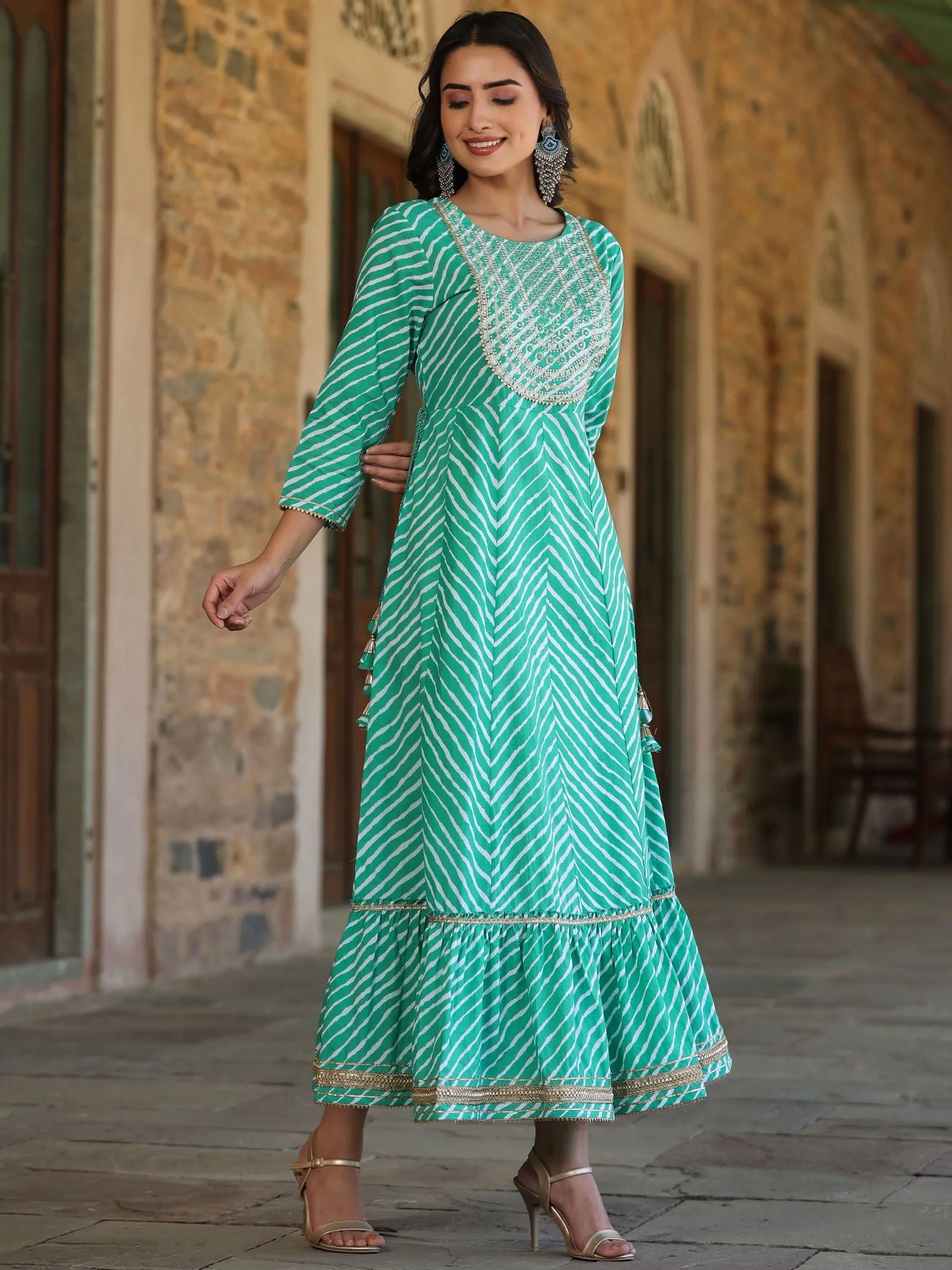 Jashvi Green Cotton Leheriya Printed Anarkali Dress With Embroidered Yoke & Dori Tie-Up At Waist