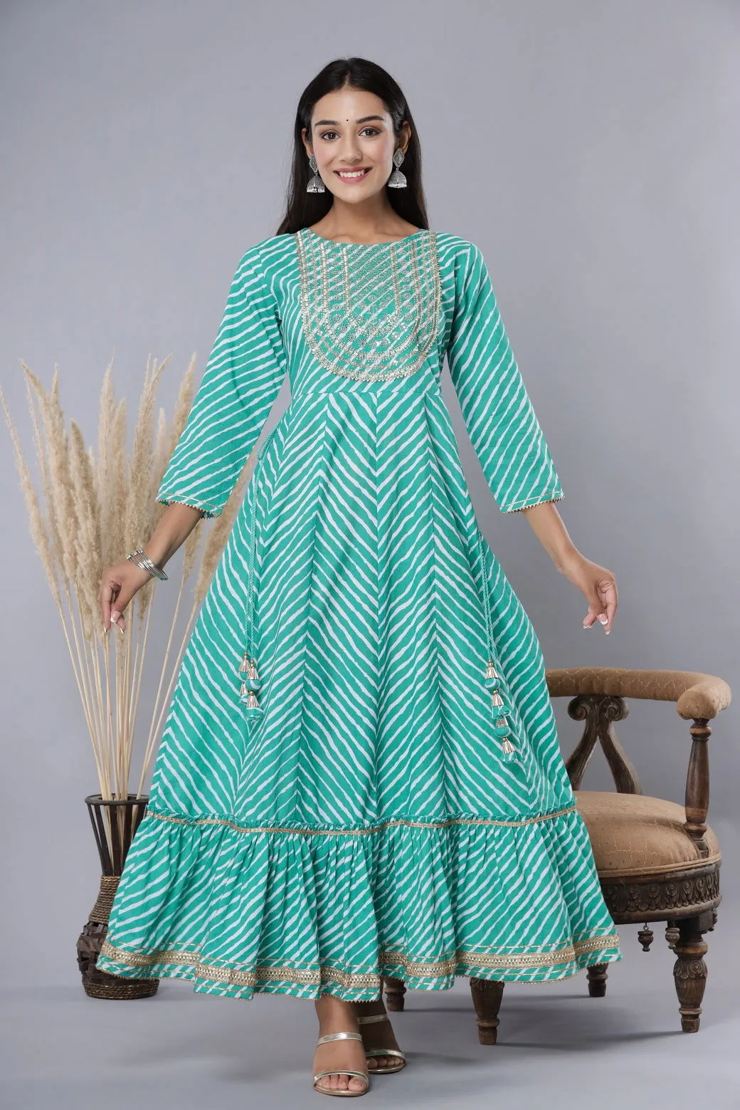 Jashvi Green Cotton Leheriya Printed Anarkali Dress with Embroidered Yoke