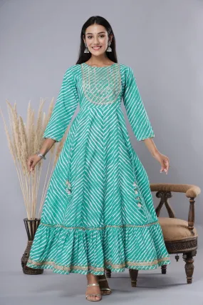 Jashvi Green Cotton Leheriya Printed Anarkali Dress with Embroidered Yoke