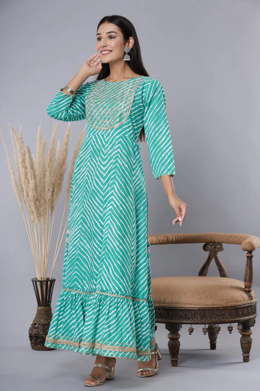 Jashvi Green Cotton Leheriya Printed Anarkali Dress with Embroidered Yoke