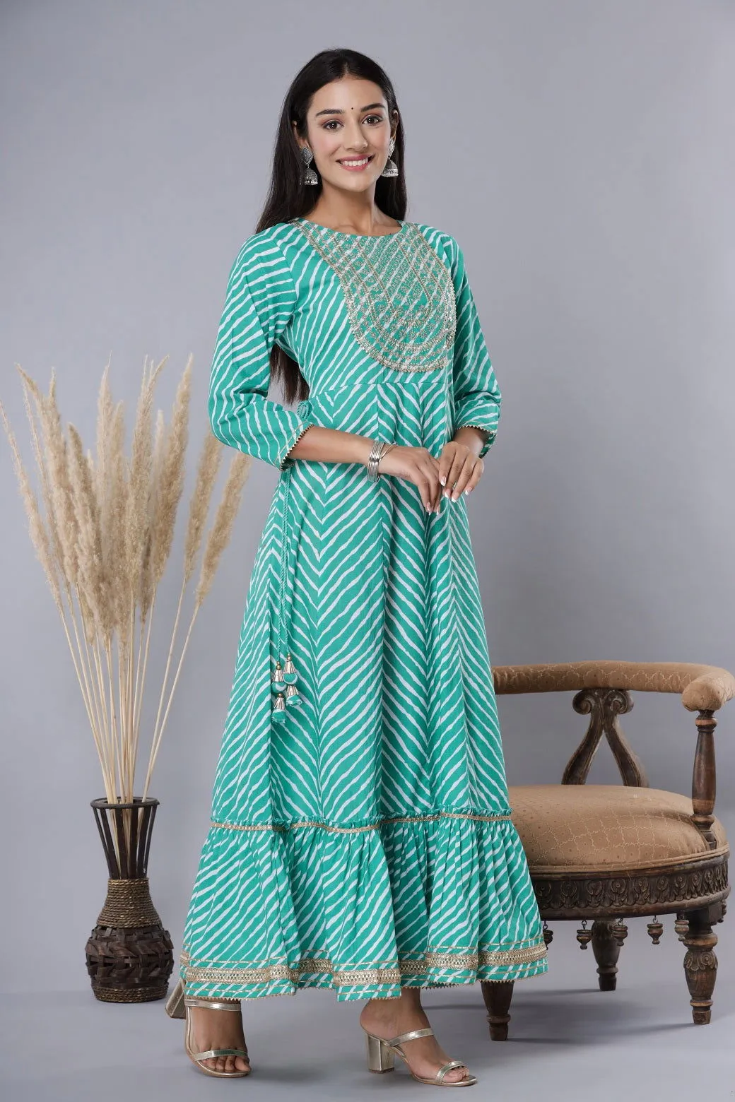 Jashvi Green Cotton Leheriya Printed Anarkali Dress with Embroidered Yoke