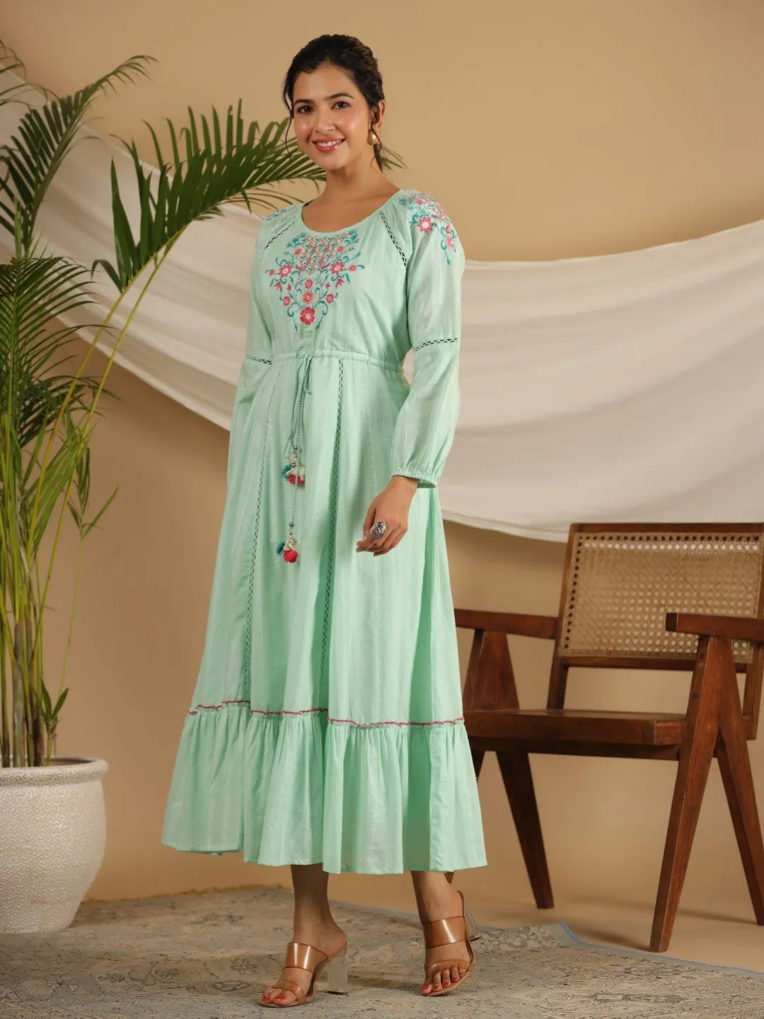 Jashvi Green Floral Embroidered Cotton Dobby Tiered Maxi Dress With Kaudis & Colourful Tassels