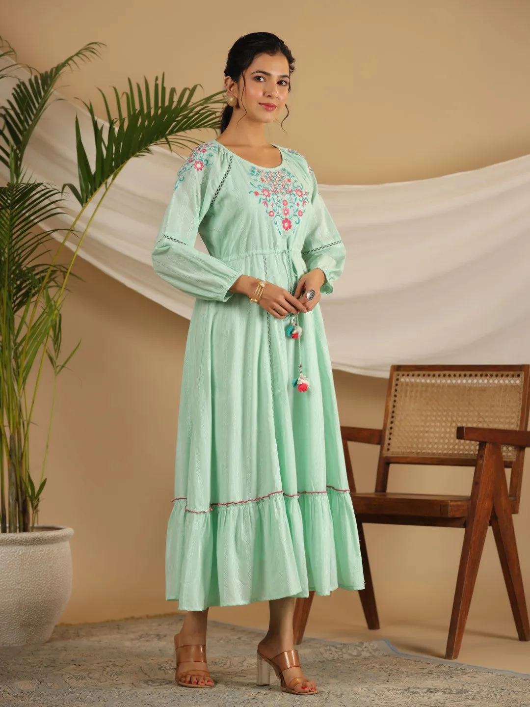 Jashvi Green Floral Embroidered Cotton Dobby Tiered Maxi Dress With Kaudis & Colourful Tassels