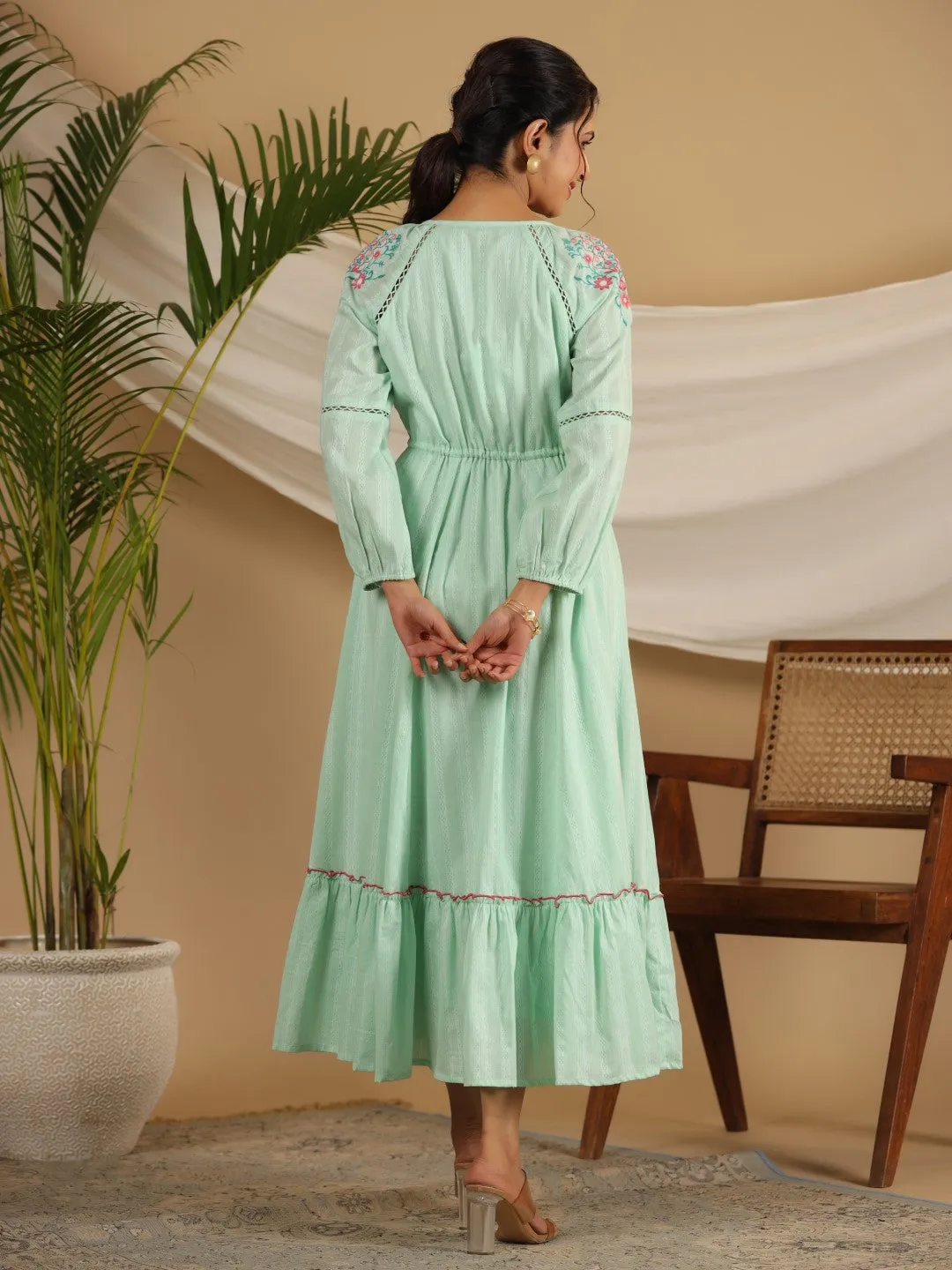 Jashvi Green Floral Embroidered Cotton Dobby Tiered Maxi Dress With Kaudis & Colourful Tassels