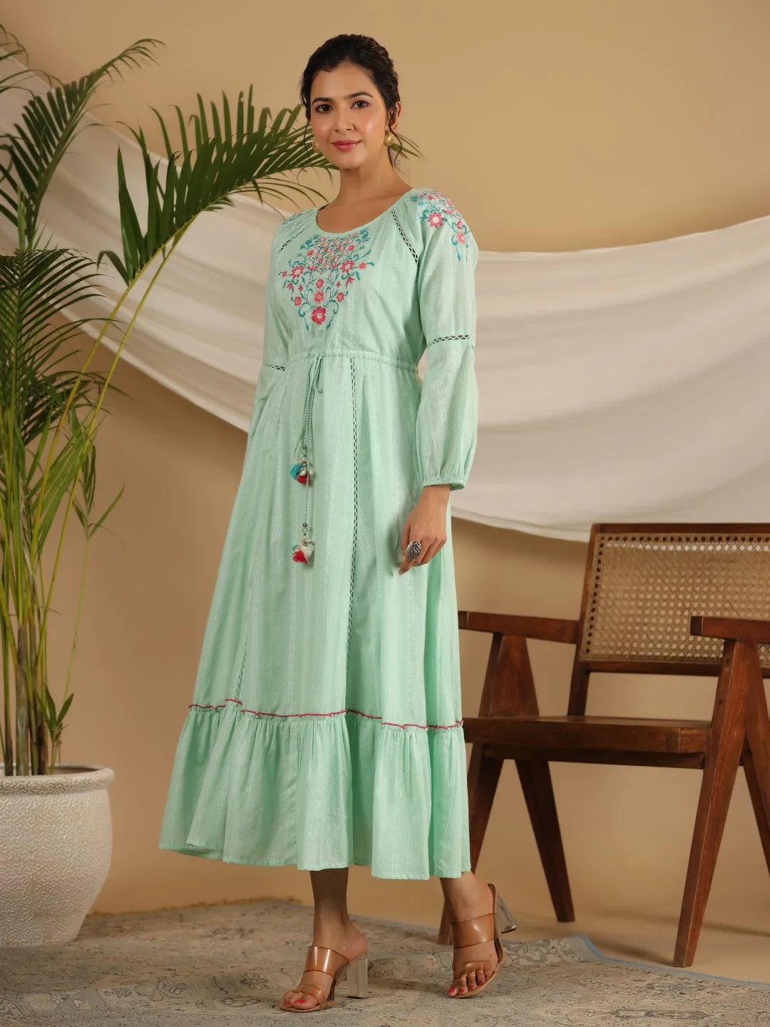 Jashvi Green Floral Embroidered Cotton Dobby Tiered Maxi Dress With Kaudis & Colourful Tassels