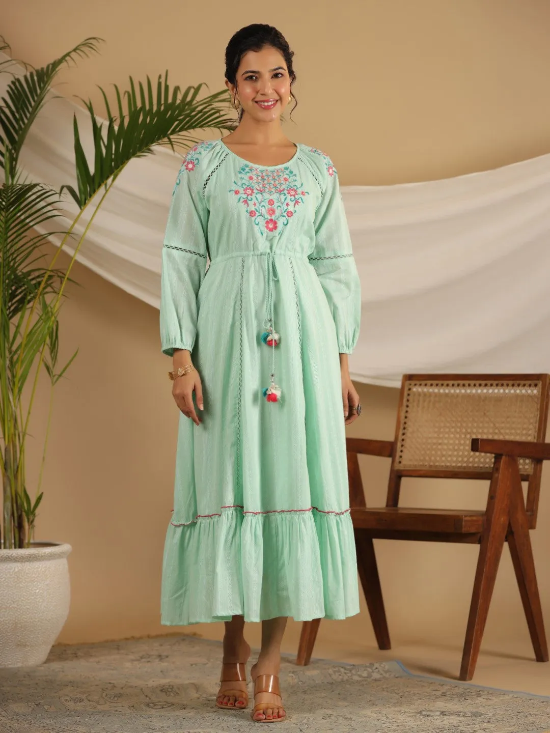 Jashvi Green Floral Embroidered Cotton Dobby Tiered Maxi Dress With Kaudis & Colourful Tassels