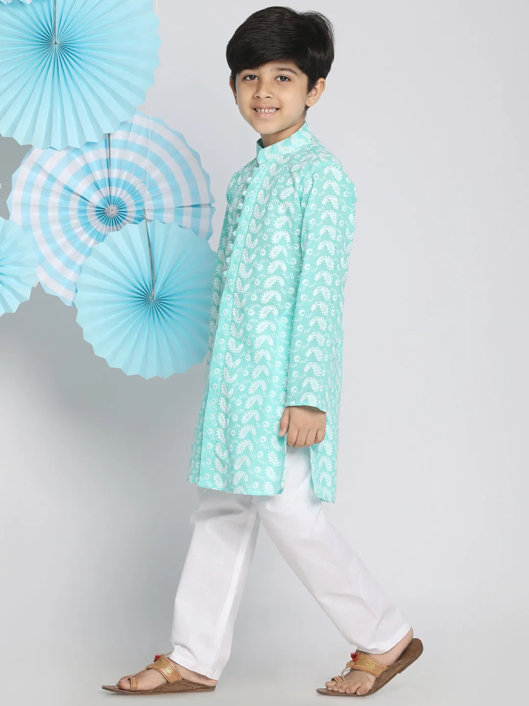 Jashvi Green Pure Cotton Chikankari Kurta Pyjama Set