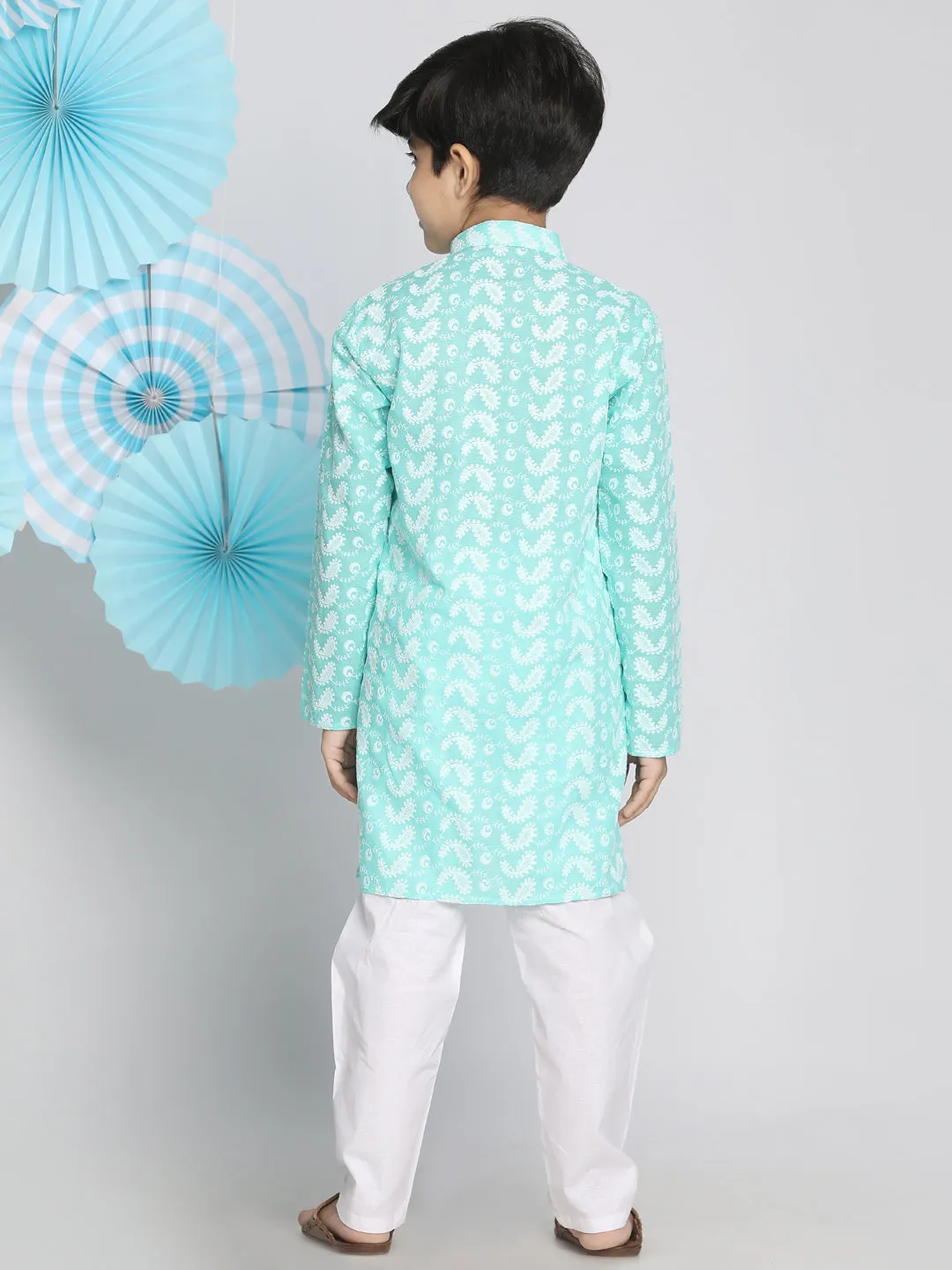 Jashvi Green Pure Cotton Chikankari Kurta Pyjama Set