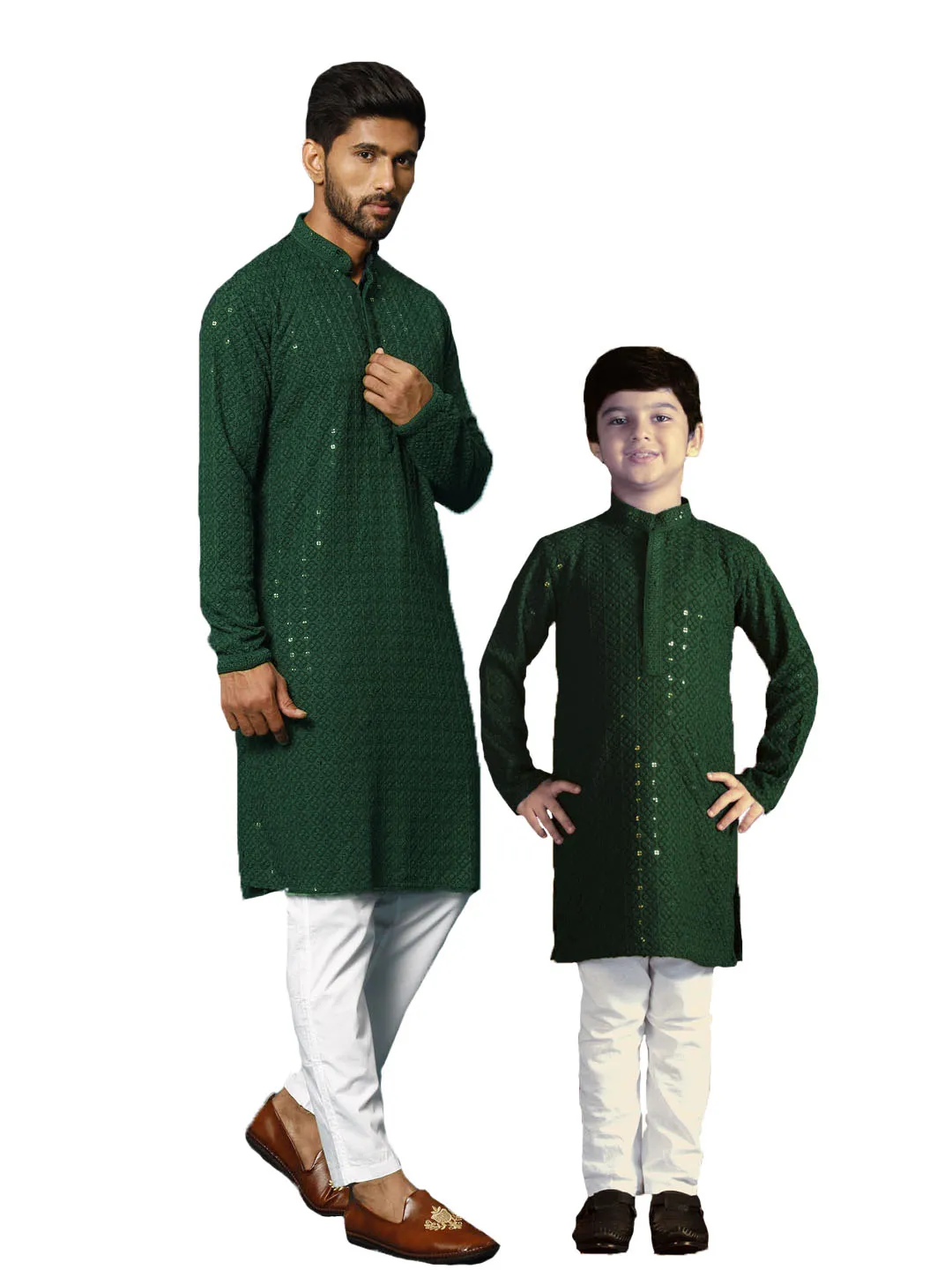 Jashvi Green Schiffli Embroidered Kurta Pyjama Baap Beta Set