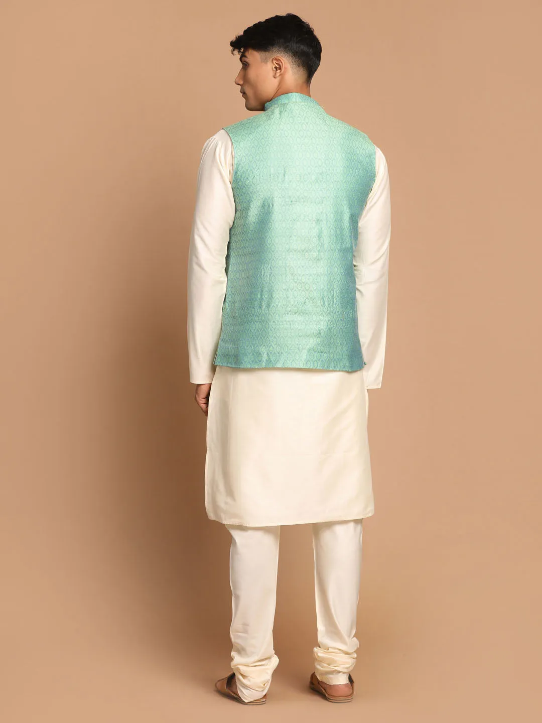 Jashvi Green Woven Jacket With Cream Kurta and Pyjama Baap Beta Set