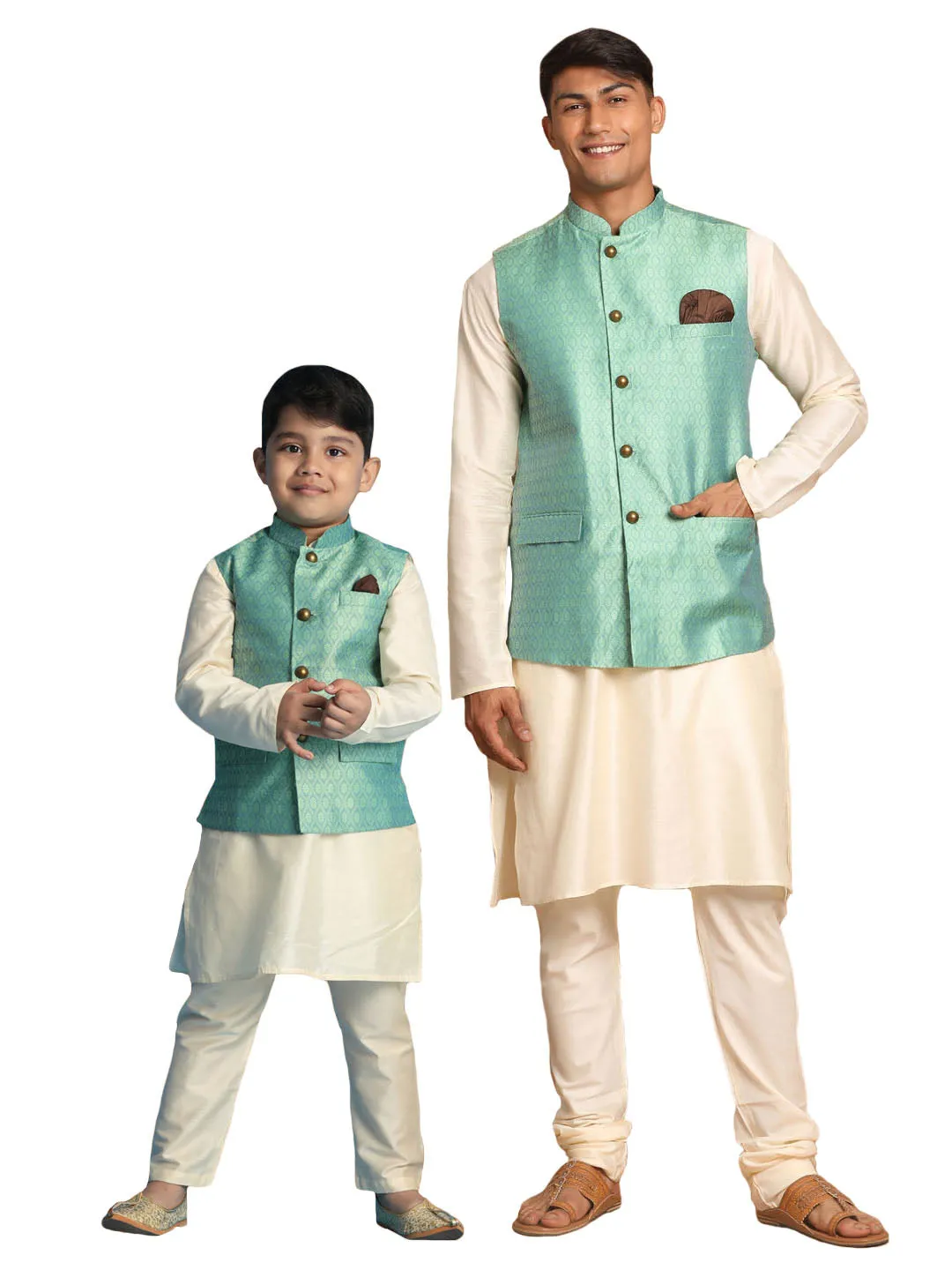 Jashvi Green Woven Jacket With Cream Kurta and Pyjama Baap Beta Set