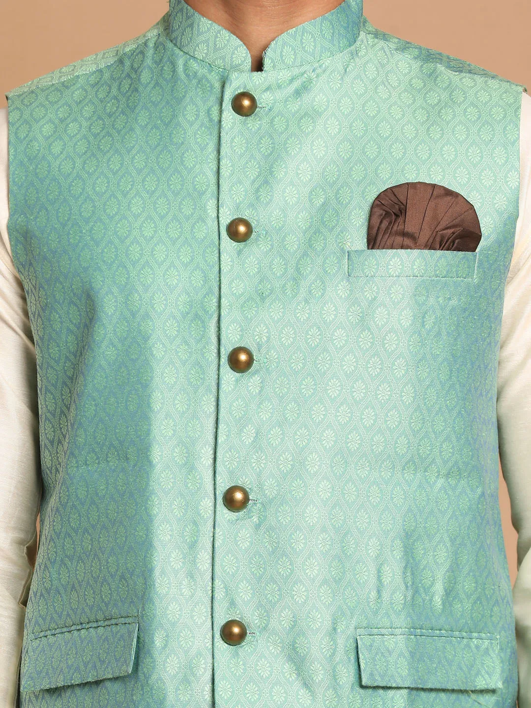 Jashvi Green Woven Jacket With Cream Kurta and Pyjama Baap Beta Set