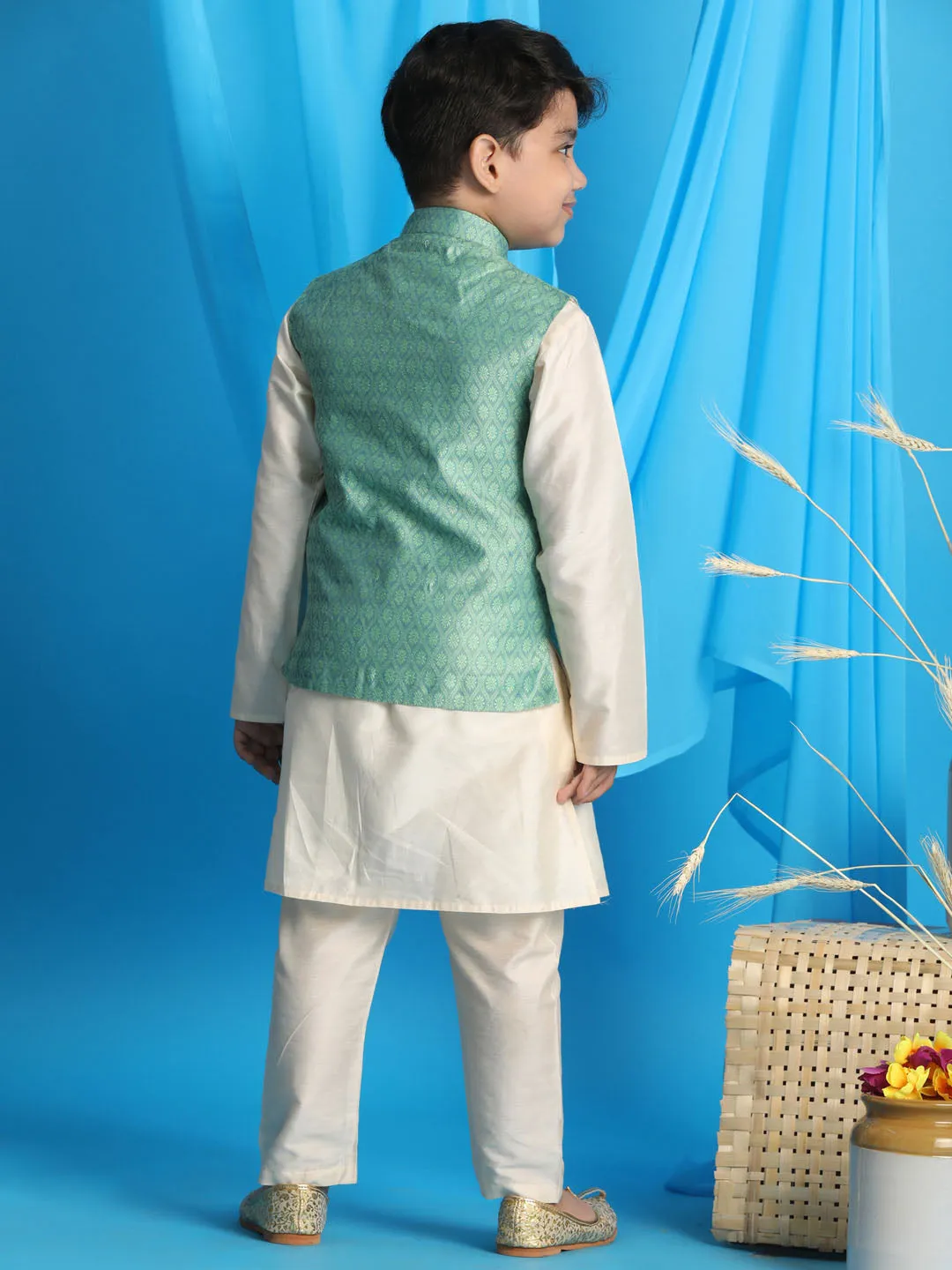 Jashvi Green Woven Jacket With Cream Kurta and Pyjama Baap Beta Set