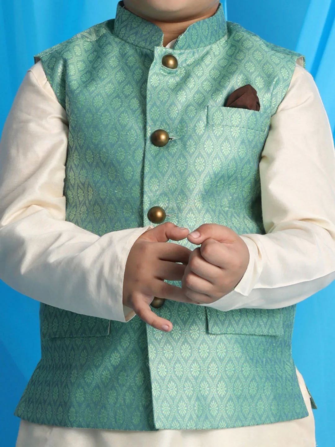 Jashvi Green Woven Jacket With Cream Kurta and Pyjama Baap Beta Set