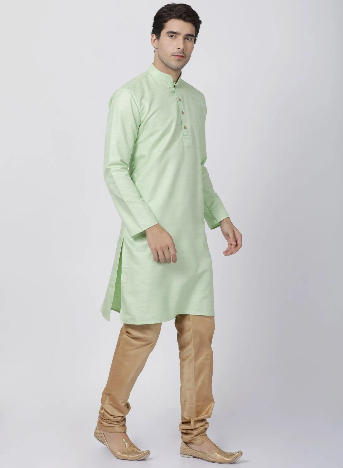 Jashvi Jashvi Men's Light Green Cotton Silk Blend Kurta and Pyjama Set