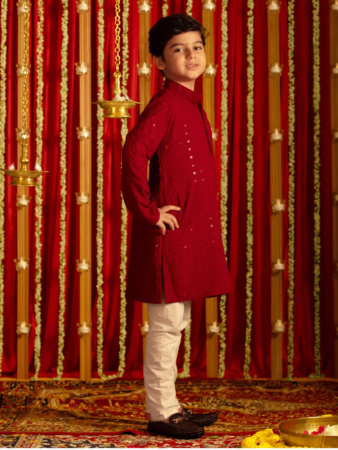 Jashvi Maroon and White Maroon BHAI BEHEN Siblings Matching Set