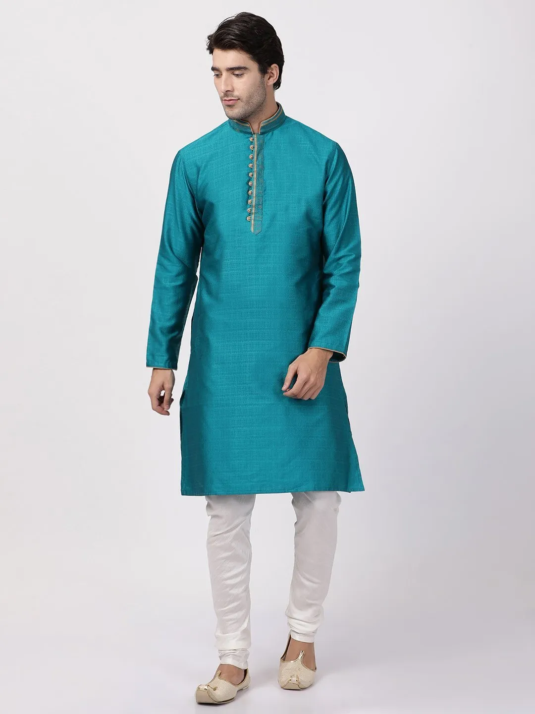 Jashvi Men's Blue Cotton Silk Blend Kurta and Churidar Set